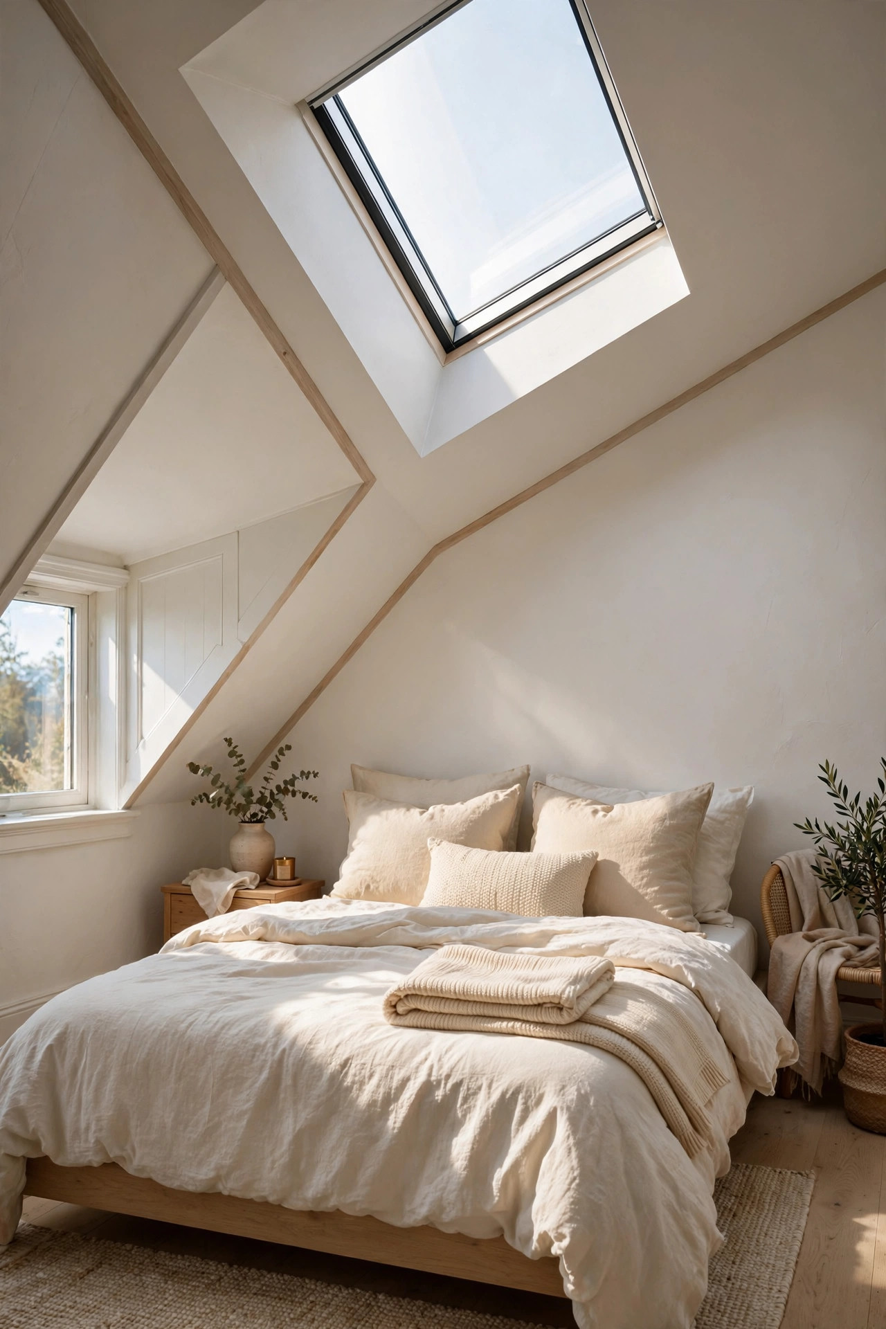 Skylight in a sloped attic ceiling above a cozy bed with soft daylight streaming in.