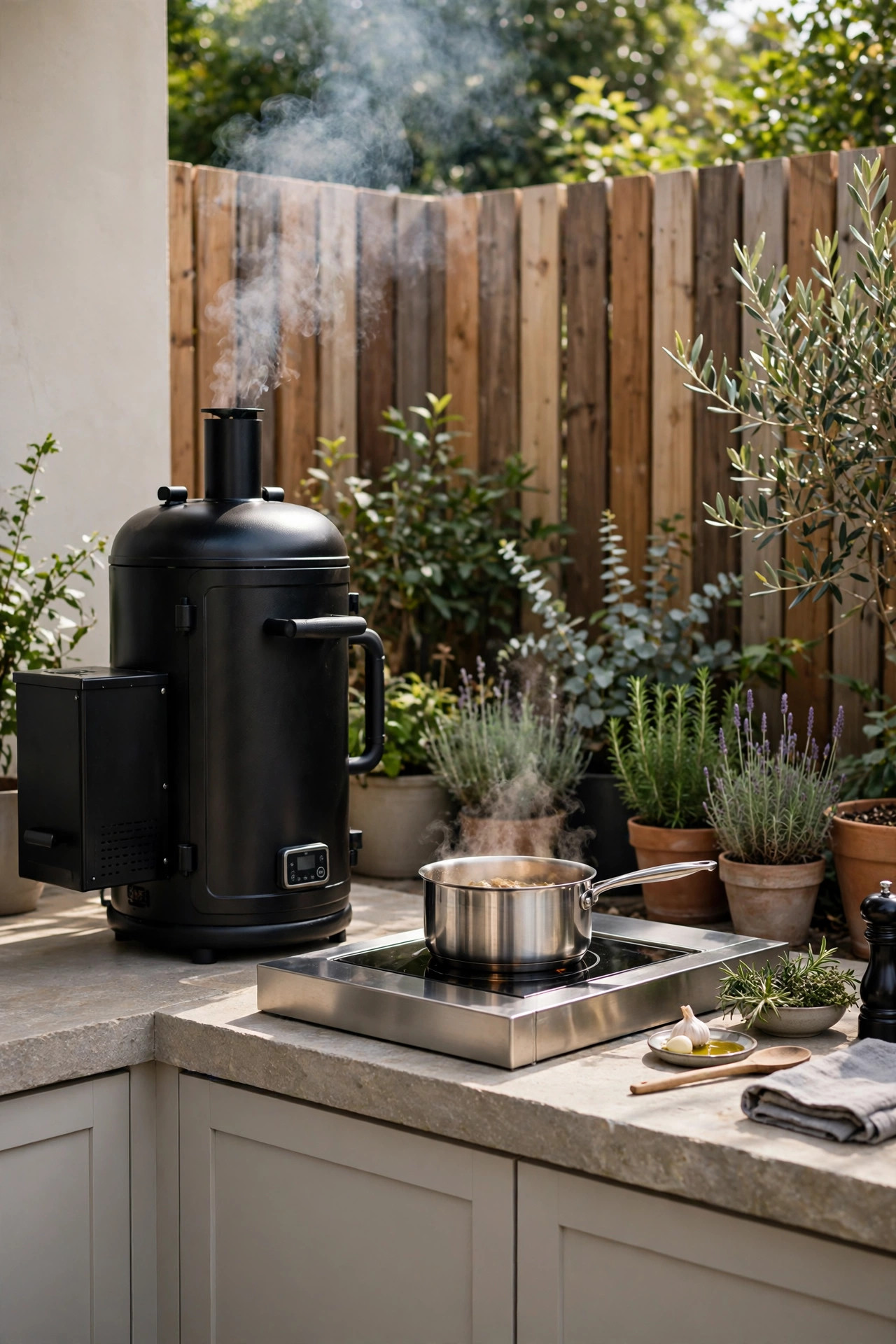 Pellet smoker beside a countertop side burner with light smoke rising