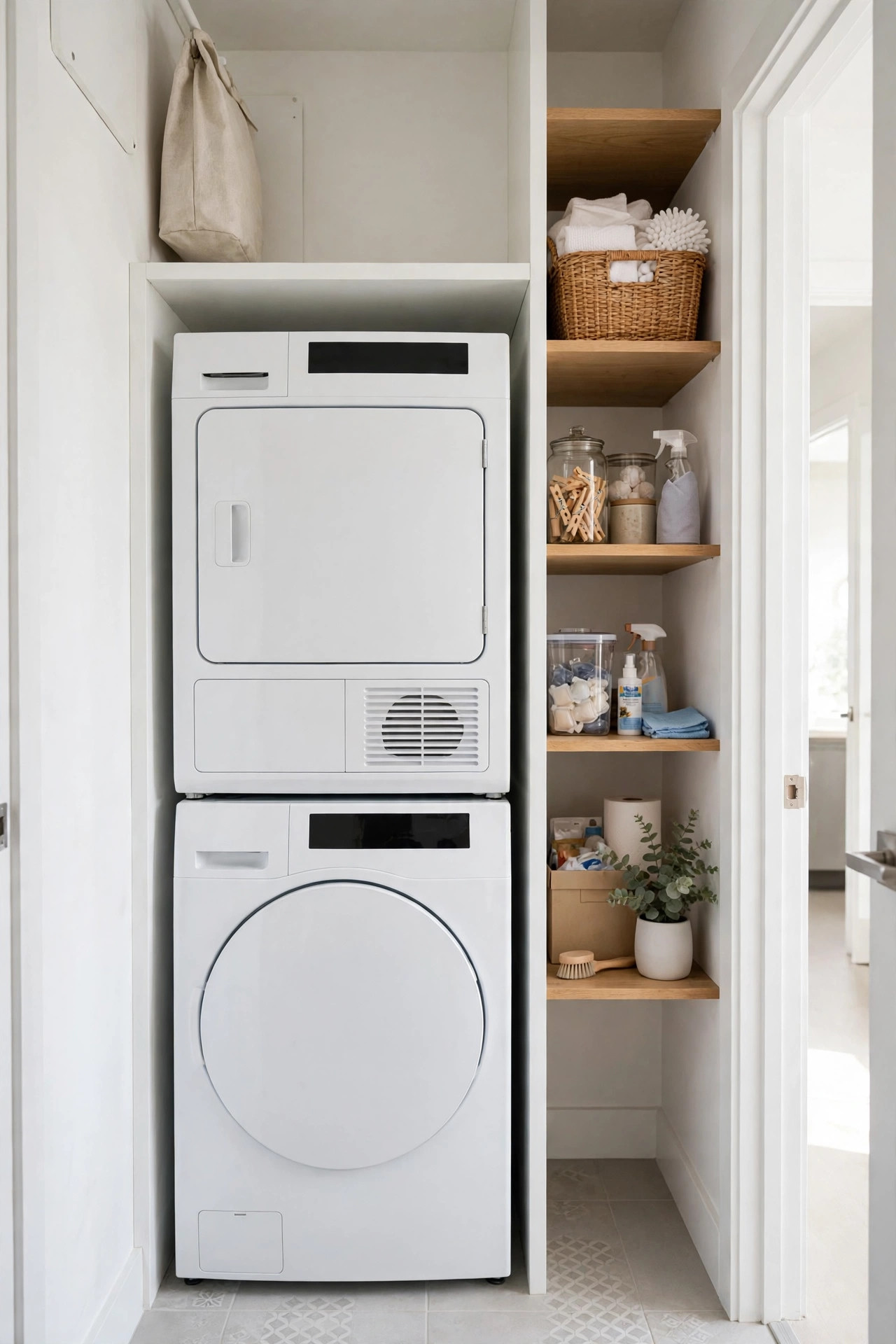Stacked washer and dryer in a closet