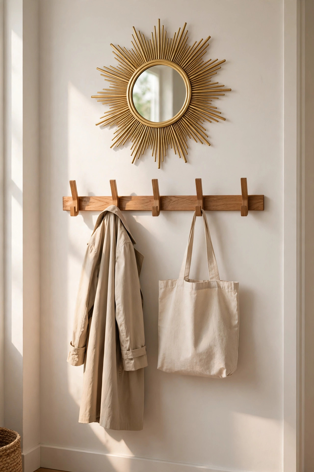 Sunburst mirror above coat hooks on a small entryway wall