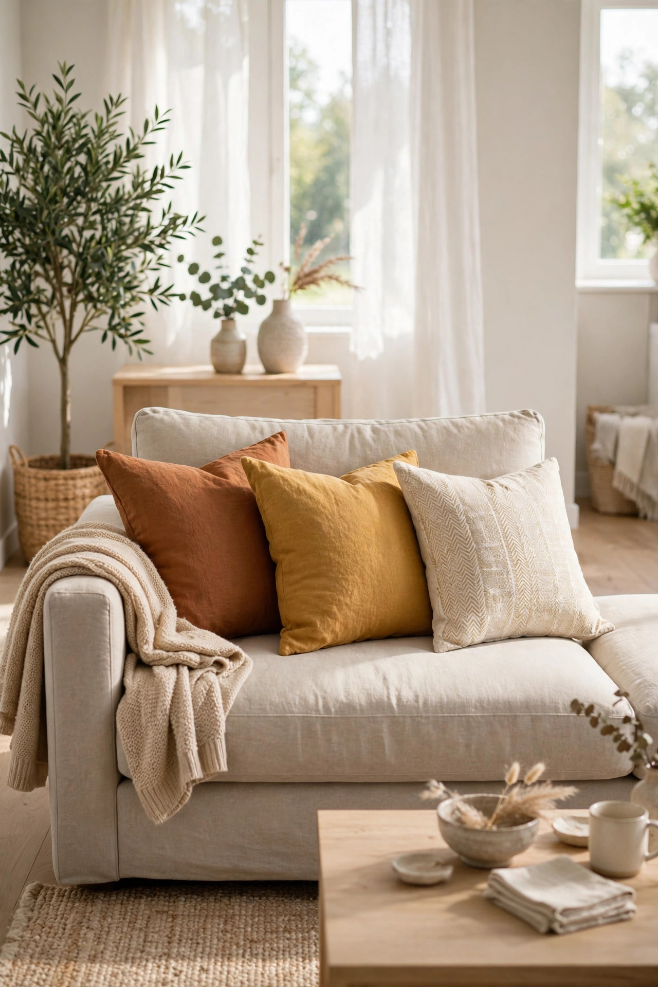 22 Decor Ideas Under $50 That Change Everything 5 Beige sofa with new rust, mustard, and cream throw pillow covers