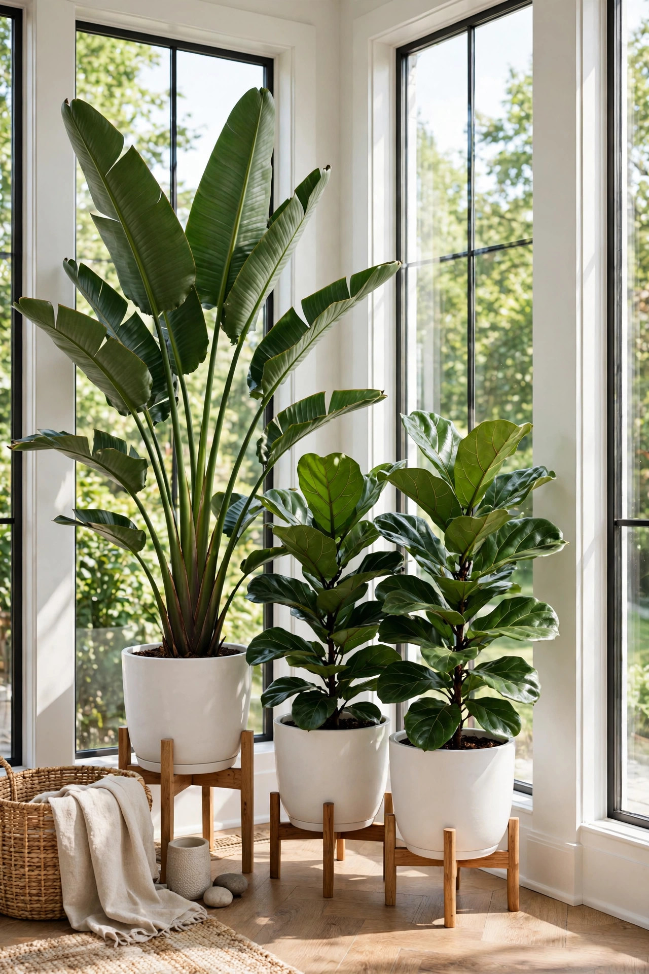 Tall bird of paradise and fiddle leaf fig in large white ceramic pots by tall windows