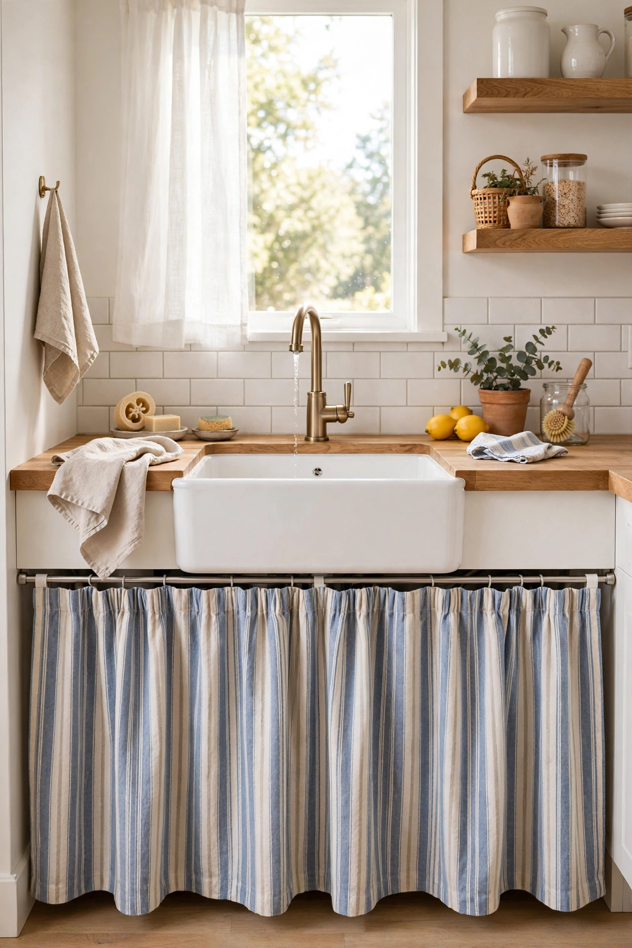 18 Renter-Friendly Kitchen Upgrades That Need Zero Permission 5 Striped cotton sink skirt hung on a tension rod under a farmhouse sink