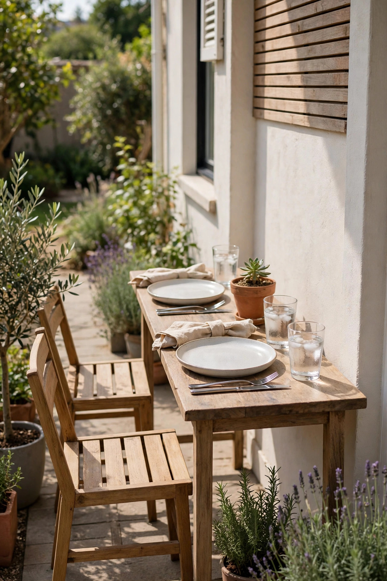 17 Outdoor Dining Ideas for Small Patios 5 Slim wooden console table against a patio wall set for two, with two chairs on the open side and a small potted plant