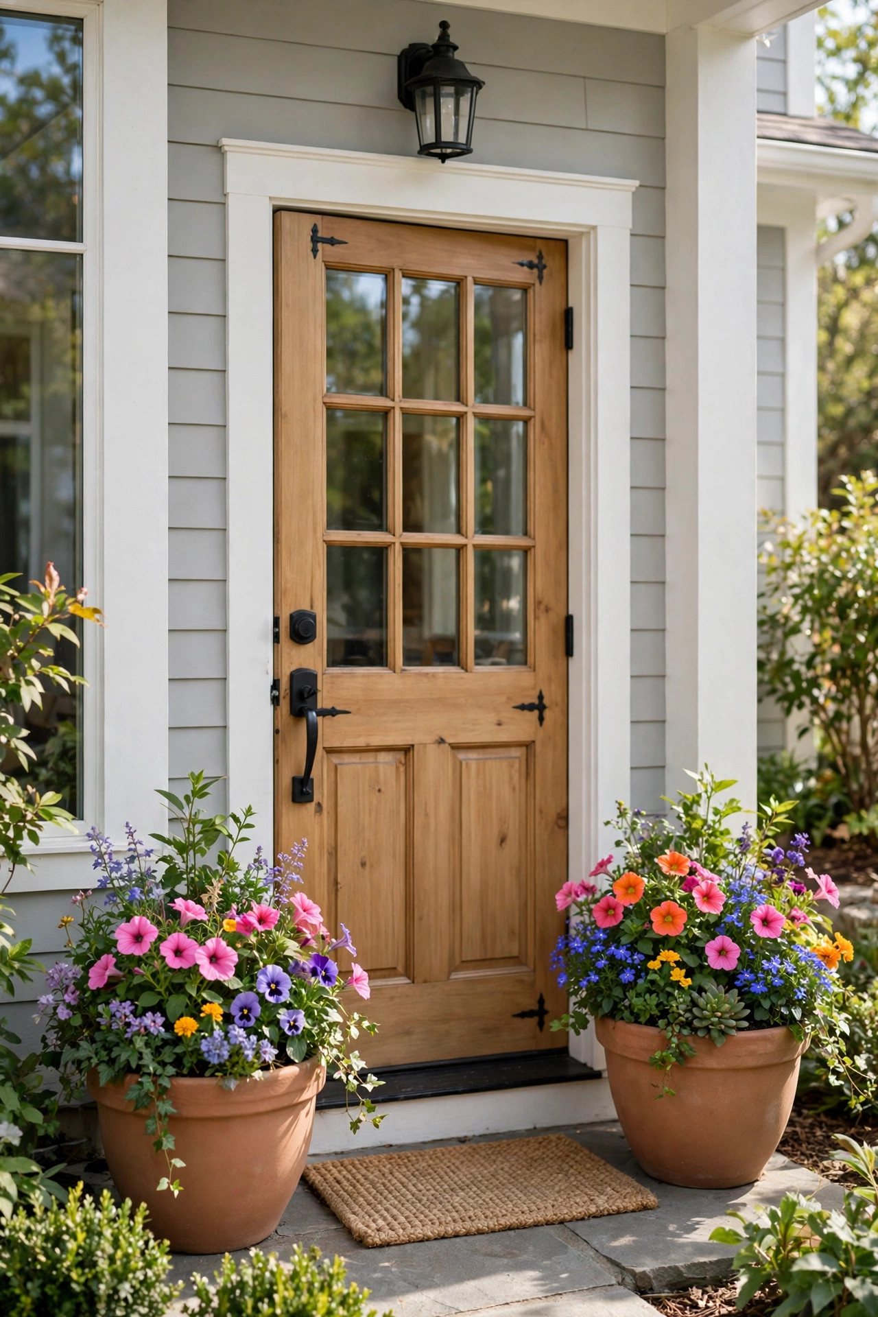 Small Front Yard Landscaping Ideas With Big Impact 5 Two matching planters with colorful flowers flanking a front door.