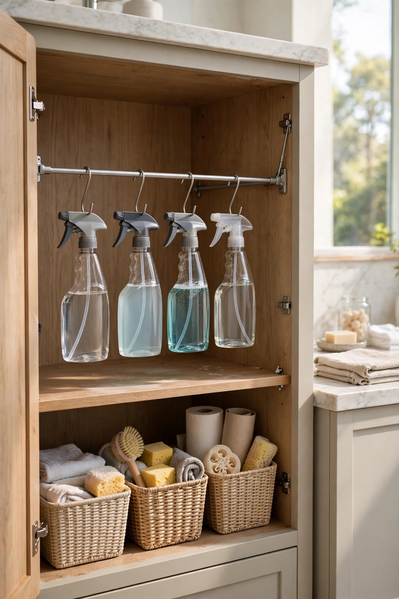19 Rental Bathroom Ideas That Make It Feel Like Your Own 5 A small metal tension rod installed inside an open bathroom vanity cabinet with spray bottles hanging from it by their triggers.
