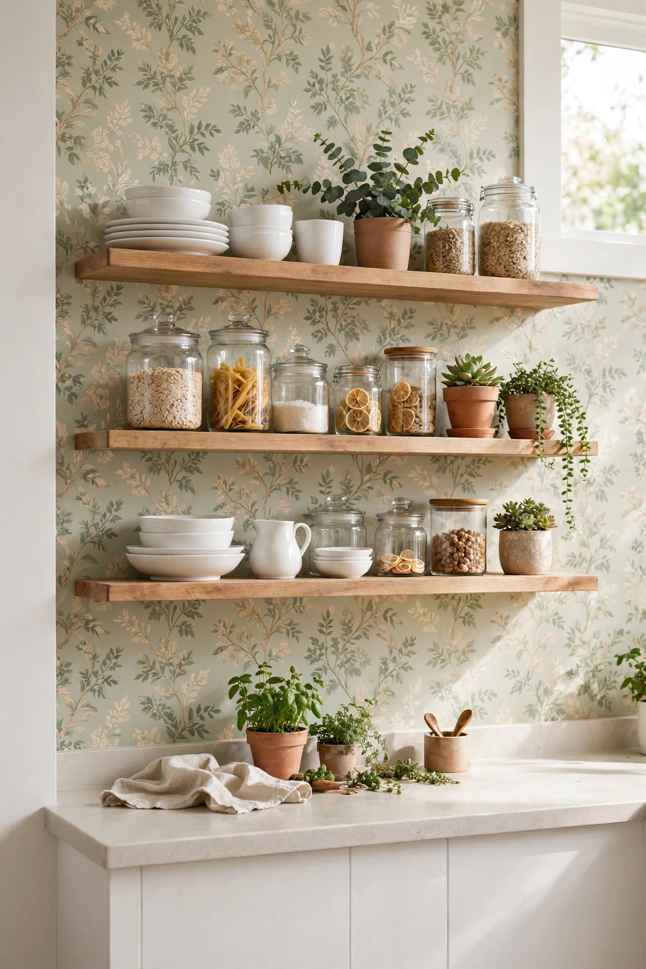 Kitchen open shelves with patterned peel and stick wallpaper backing behind dishes.