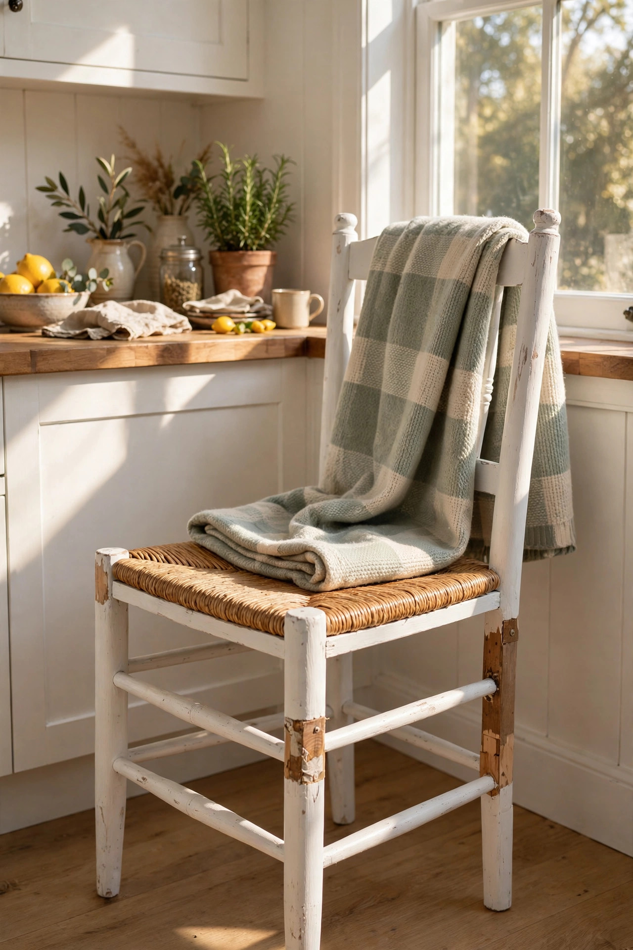 15 Thrift Store Furniture Flips Worth Trying 5 A white painted farmhouse chair with a woven seat in a bright kitchen corner