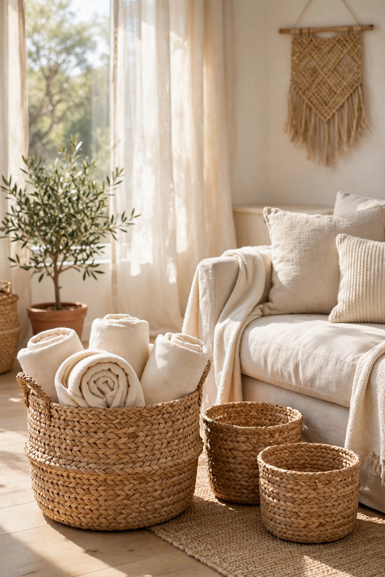 19 Dollar Store Decor Ideas That Look Way More Expensive 5 Natural seagrass woven baskets in tan tones, one holding rolled cream throw blankets beside a sofa