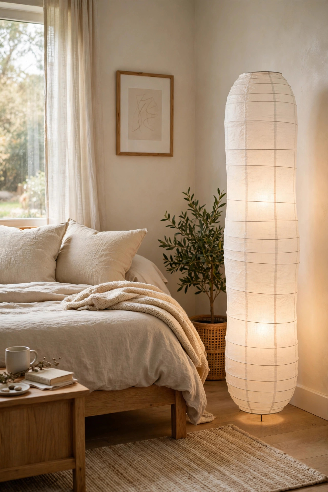 A glowing white paper lantern floor lamp giving soft diffused light in a neutral guest bedroom corner.