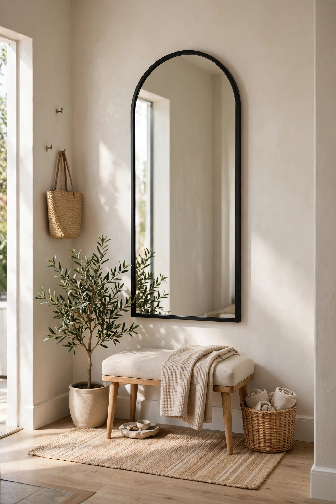 Tall arch mirror behind a small upholstered bench in an entryway nook