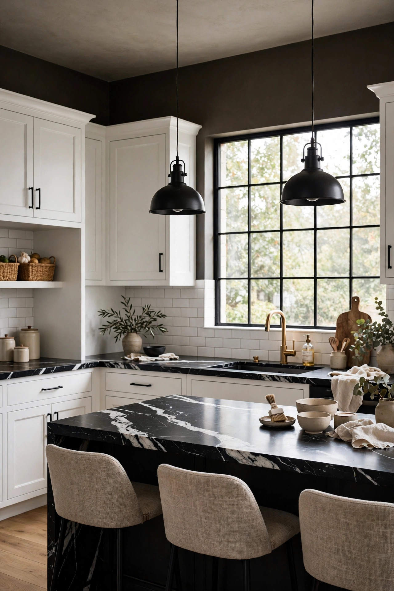 Black marble look countertops with white veining over white shaker cabinets.