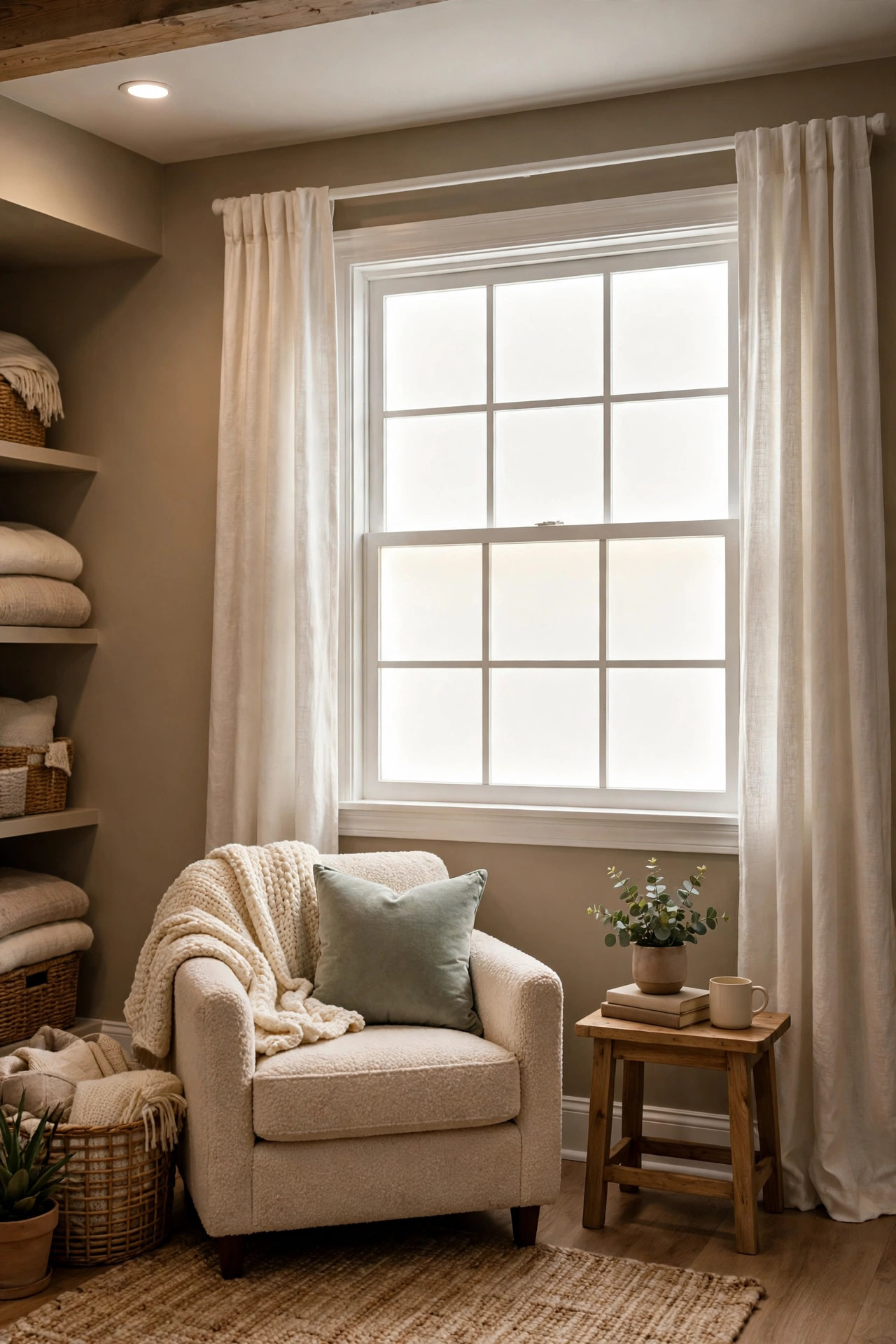 A backlit faux window with white trim and curtains glowing like daylight on a basement family room wall.