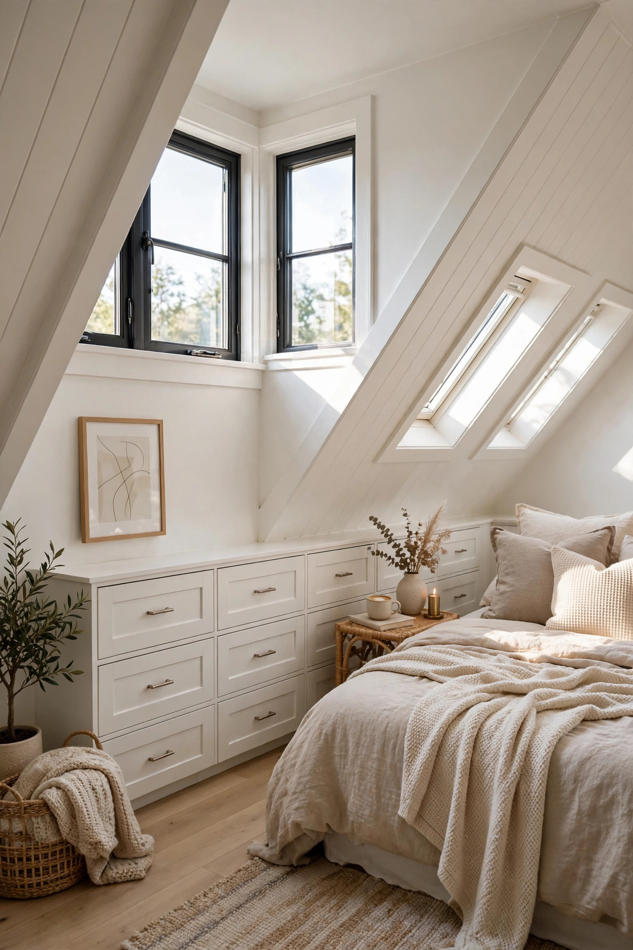 Built in white drawers installed under low attic eaves along the knee wall.