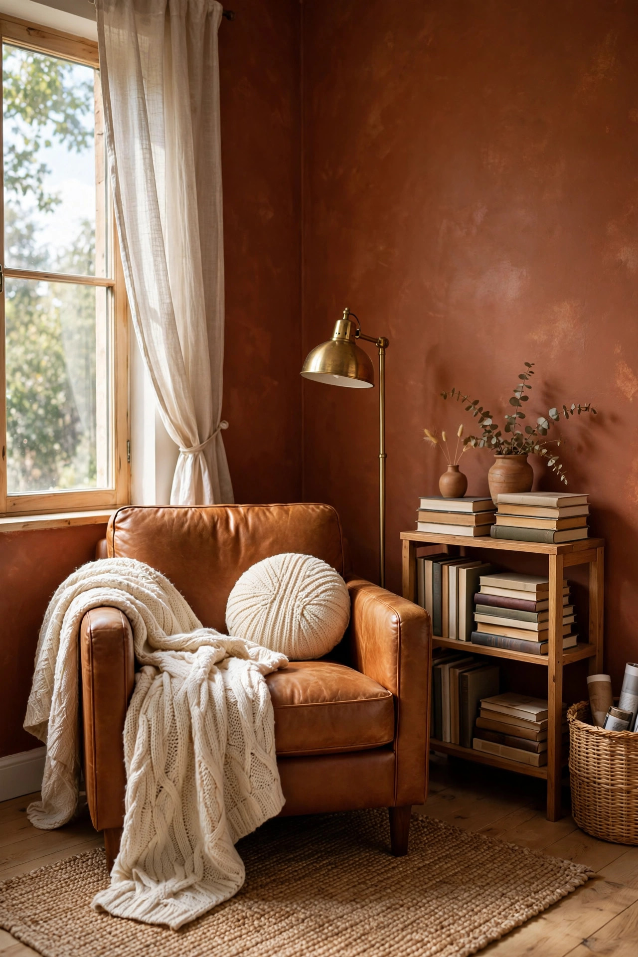 16 Earthy Paint Colors That Make a Home Feel Grounded 6 Reading nook with burnt sienna walls, a leather armchair, a brass floor lamp, and a small bookshelf