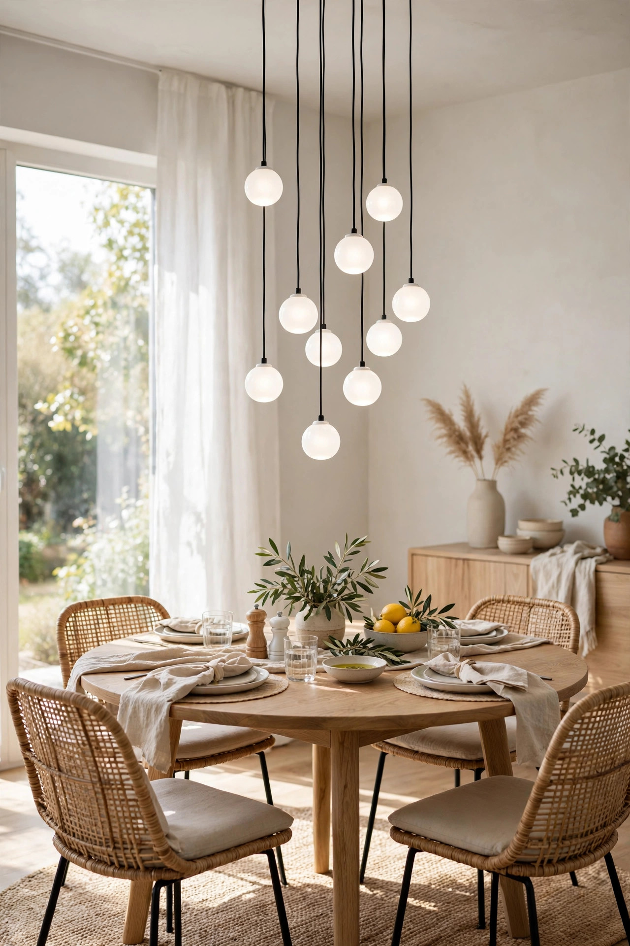 A cluster of small globe pendant lights hanging at staggered heights over a round dining table.