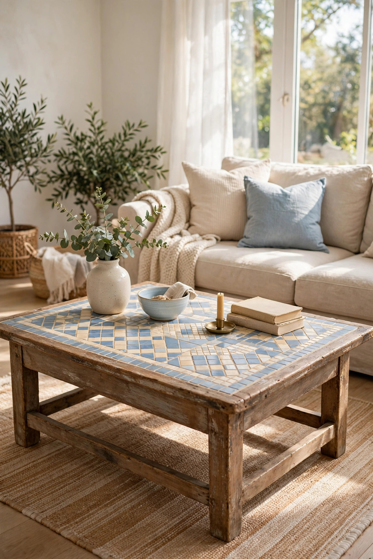 15 Thrift Store Furniture Flips Worth Trying 6 A wooden coffee table with a blue and cream tiled top beside a beige sofa