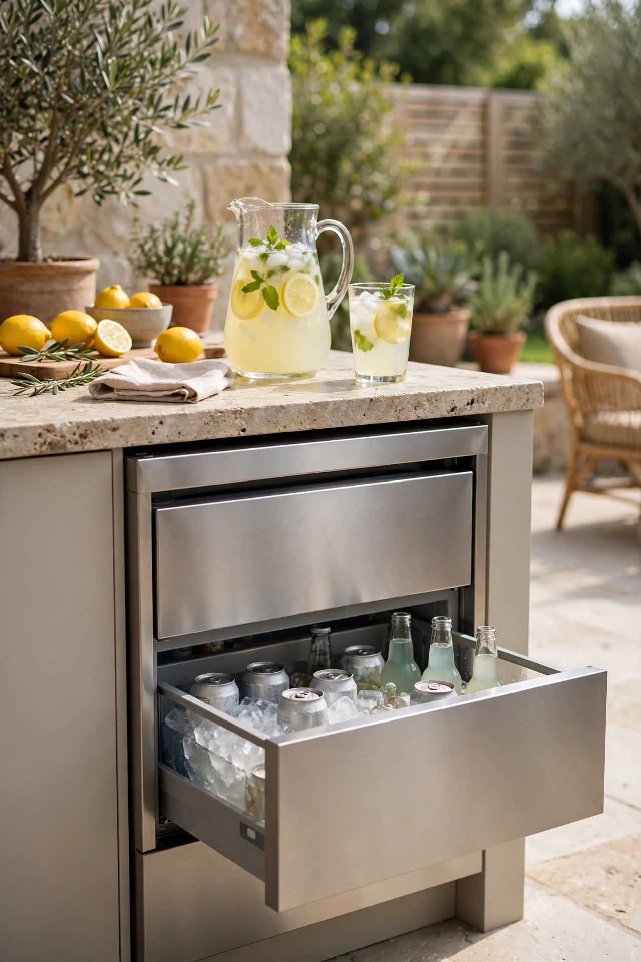 Undercounter refrigerator and ice drawers stocked with drinks in an outdoor kitchen
