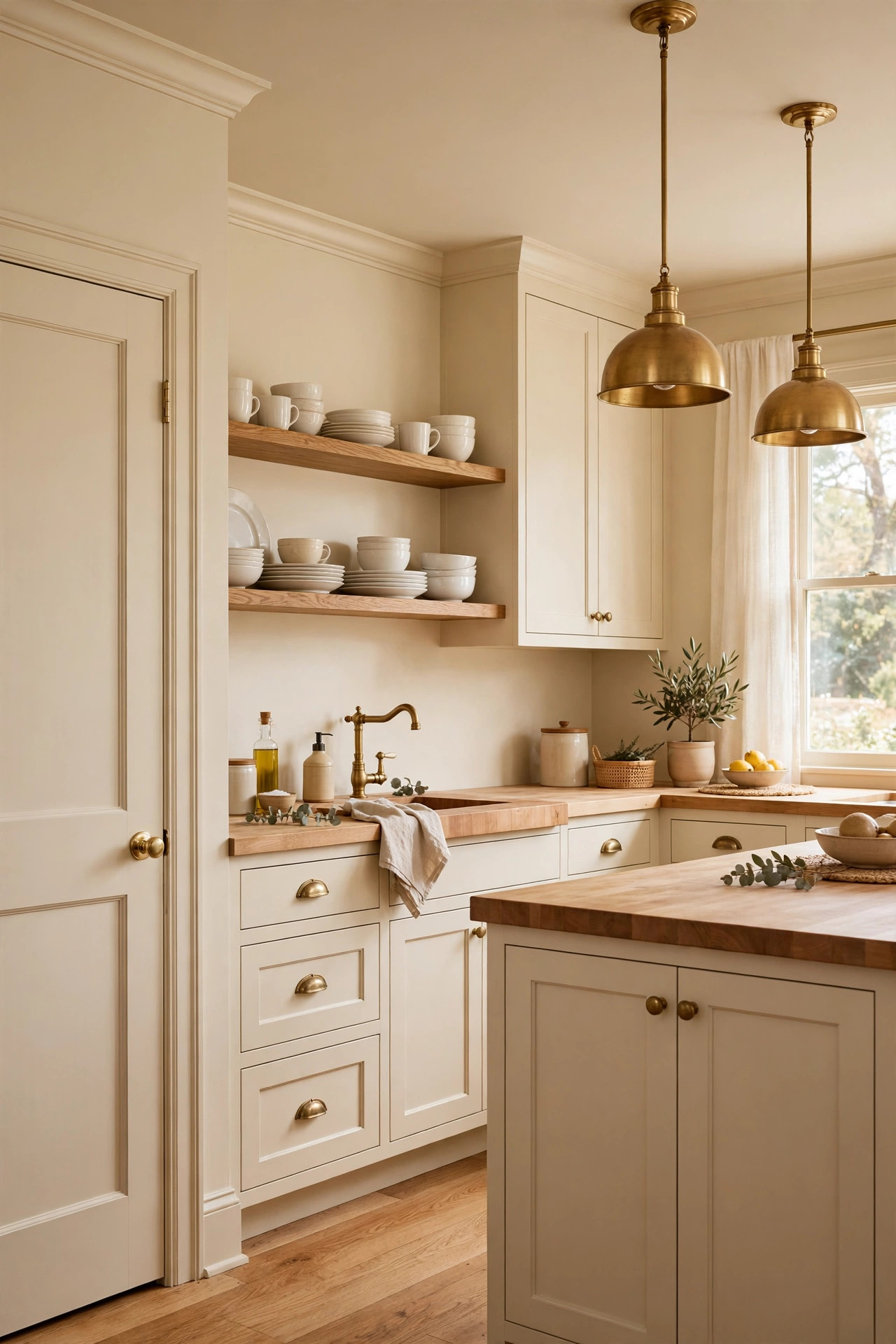 Creamy warm beige kitchen with fully painted cabinets and walls
