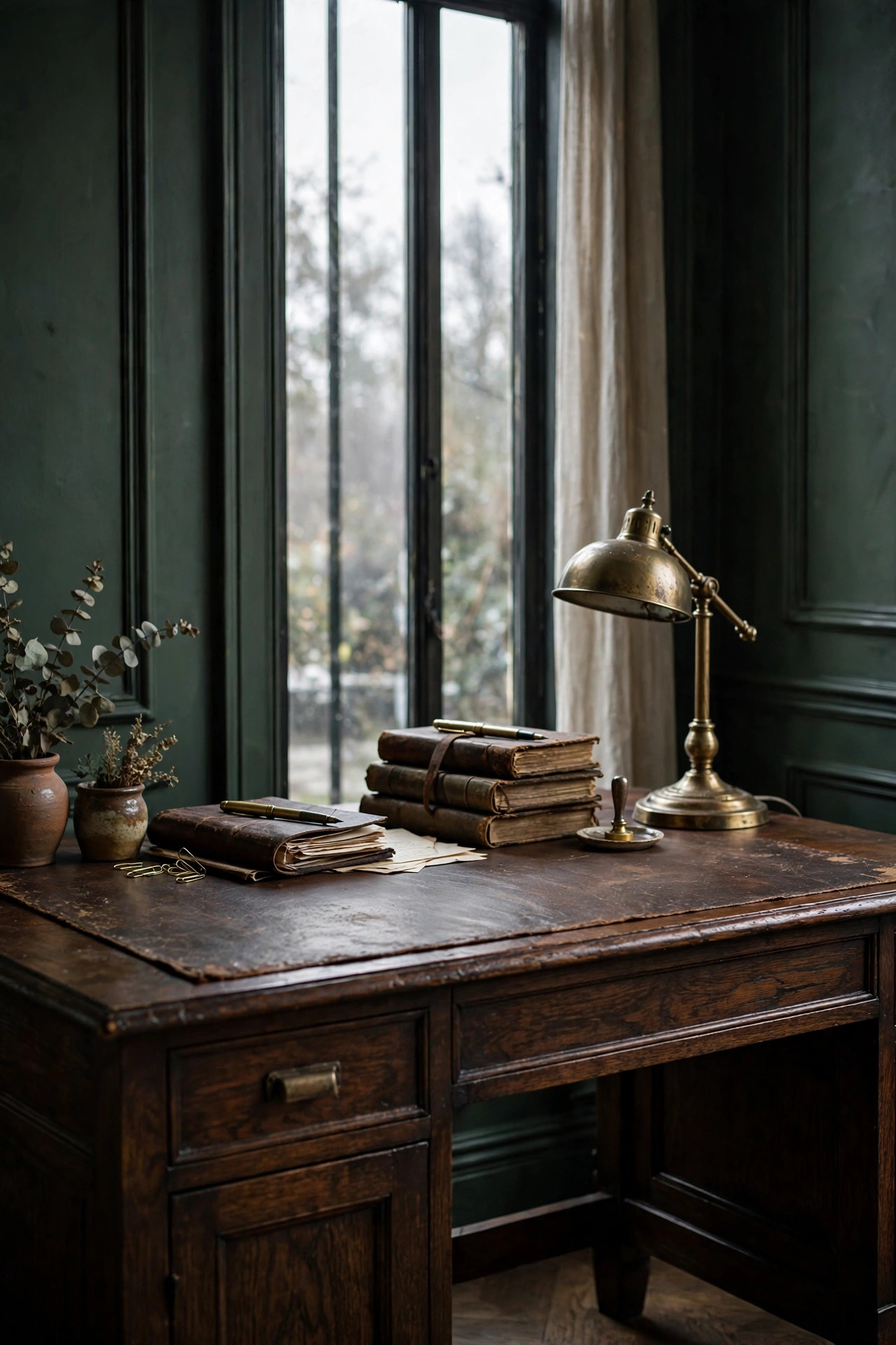 21 Dark Academia Room Decor Ideas That Feel Like an Old Library 6 Dark oak writing desk with leather surface under a tall window