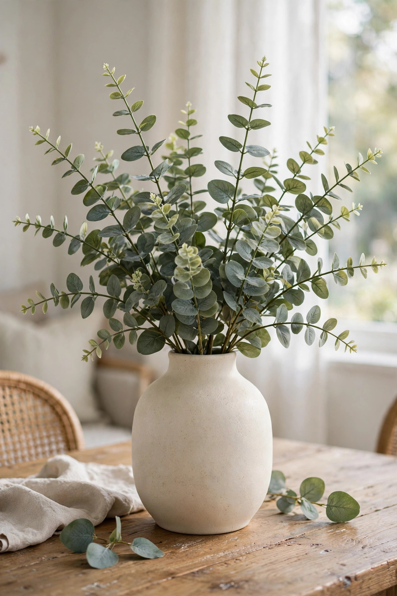 19 Dollar Store Decor Ideas That Look Way More Expensive 6 Lush faux eucalyptus stems in a matte cream ceramic vase on a dining table by a bright window