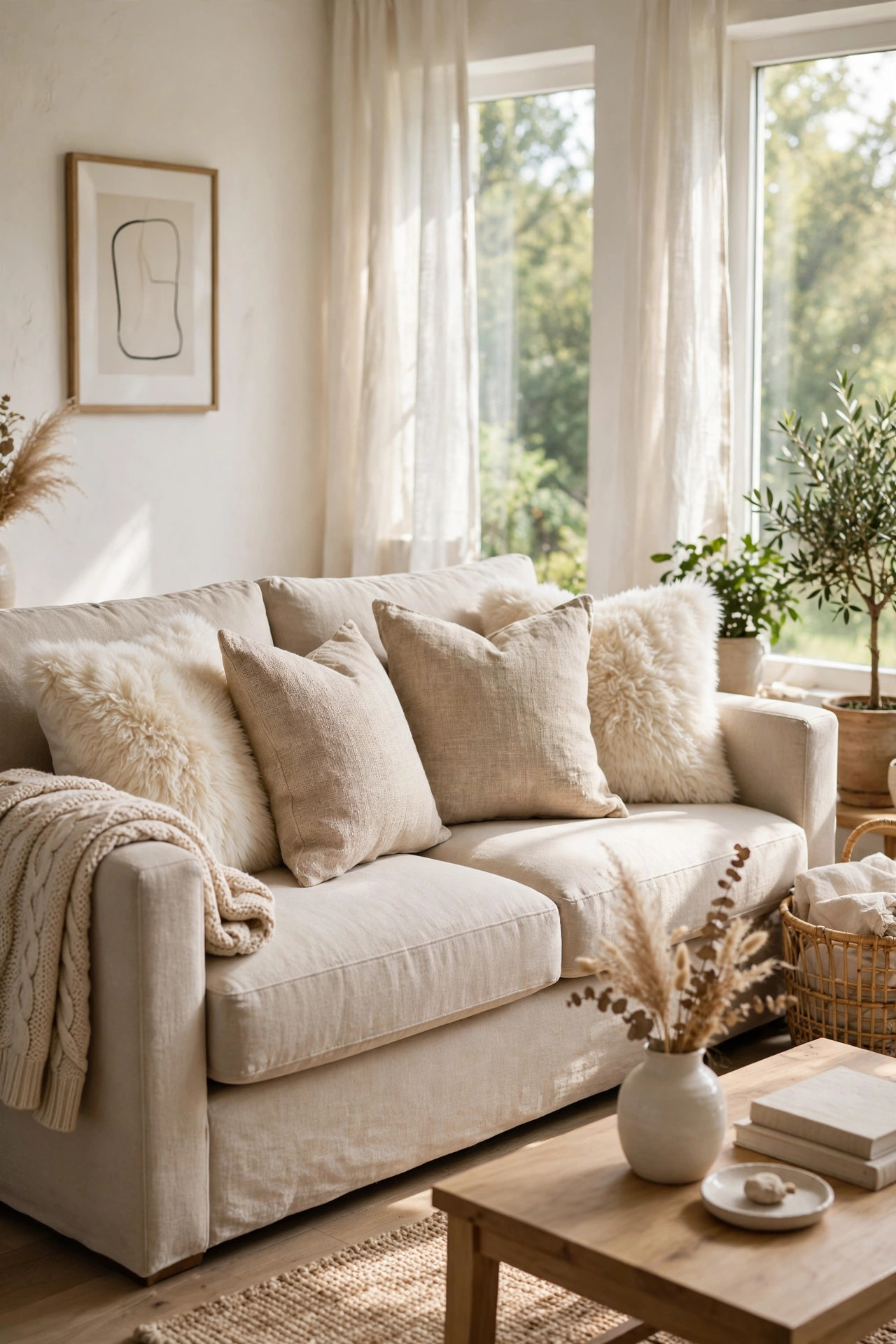 Cozy Winter Home Decor Ideas for After the Holidays 6 Beige sofa styled with cream faux fur accent pillows mixed with natural linen pillows