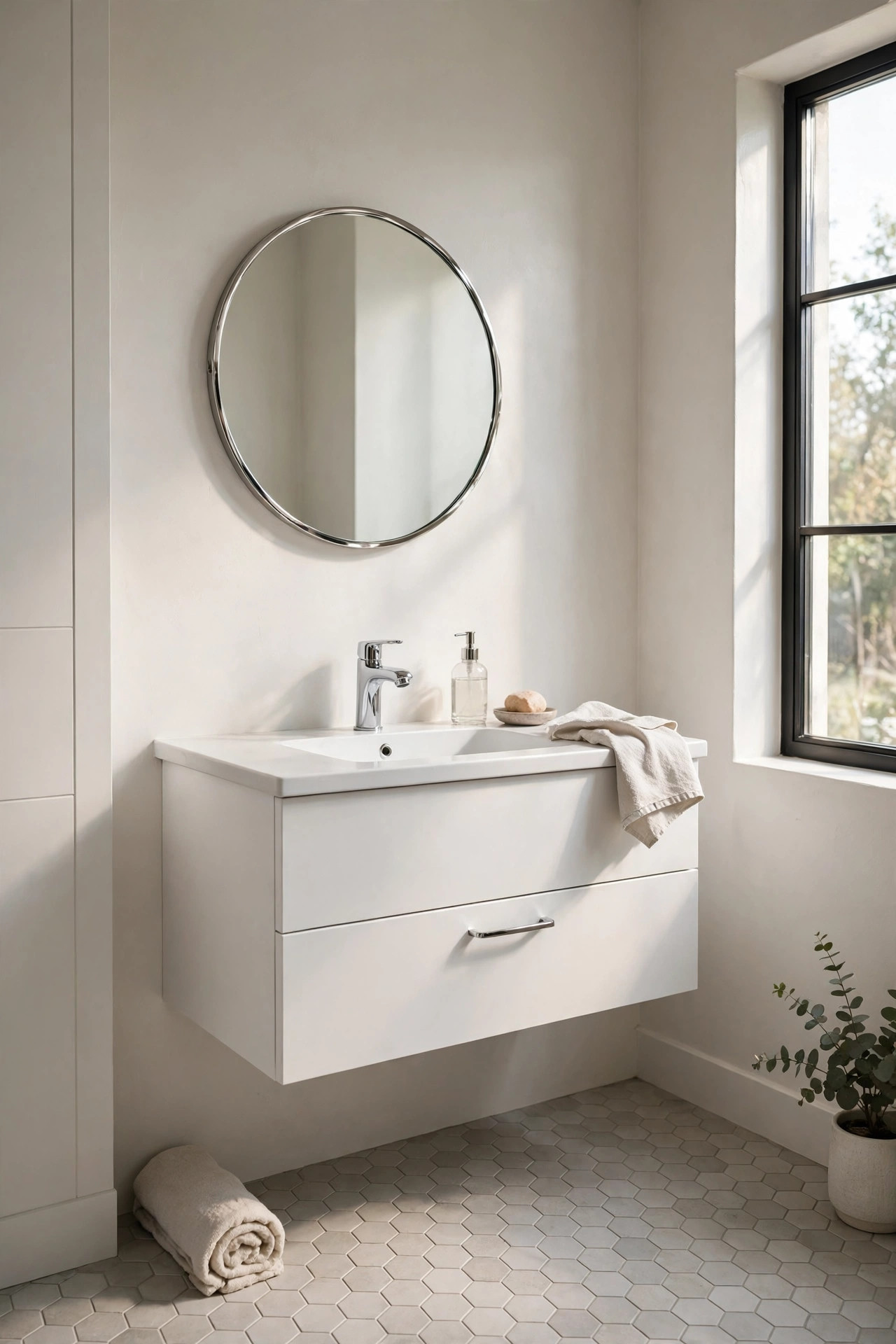 Wall-mounted floating white vanity with floor tile visible beneath it.