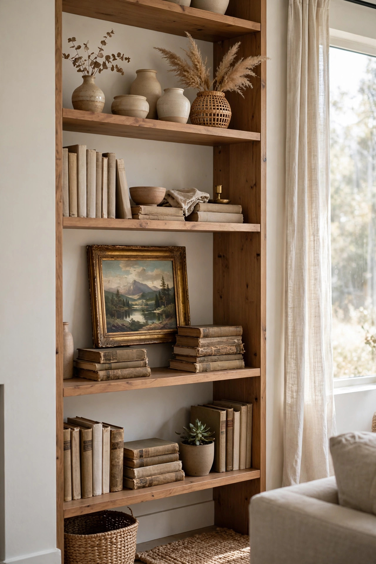 Small oil painting in an aged gold frame leaning on a bookshelf against books