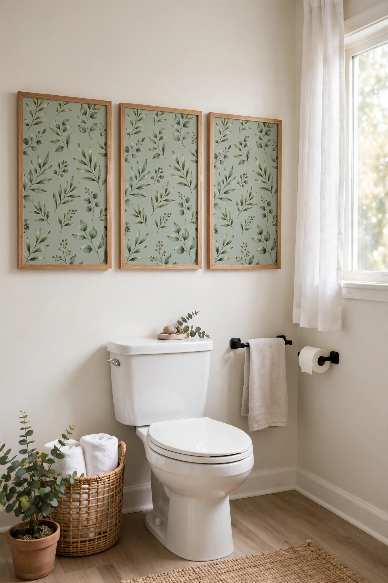 19 Rental Bathroom Ideas That Make It Feel Like Your Own 6 Large framed peel-and-stick wallpaper panels in a sage botanical print hung like artwork on a plain bathroom wall above a white toilet.