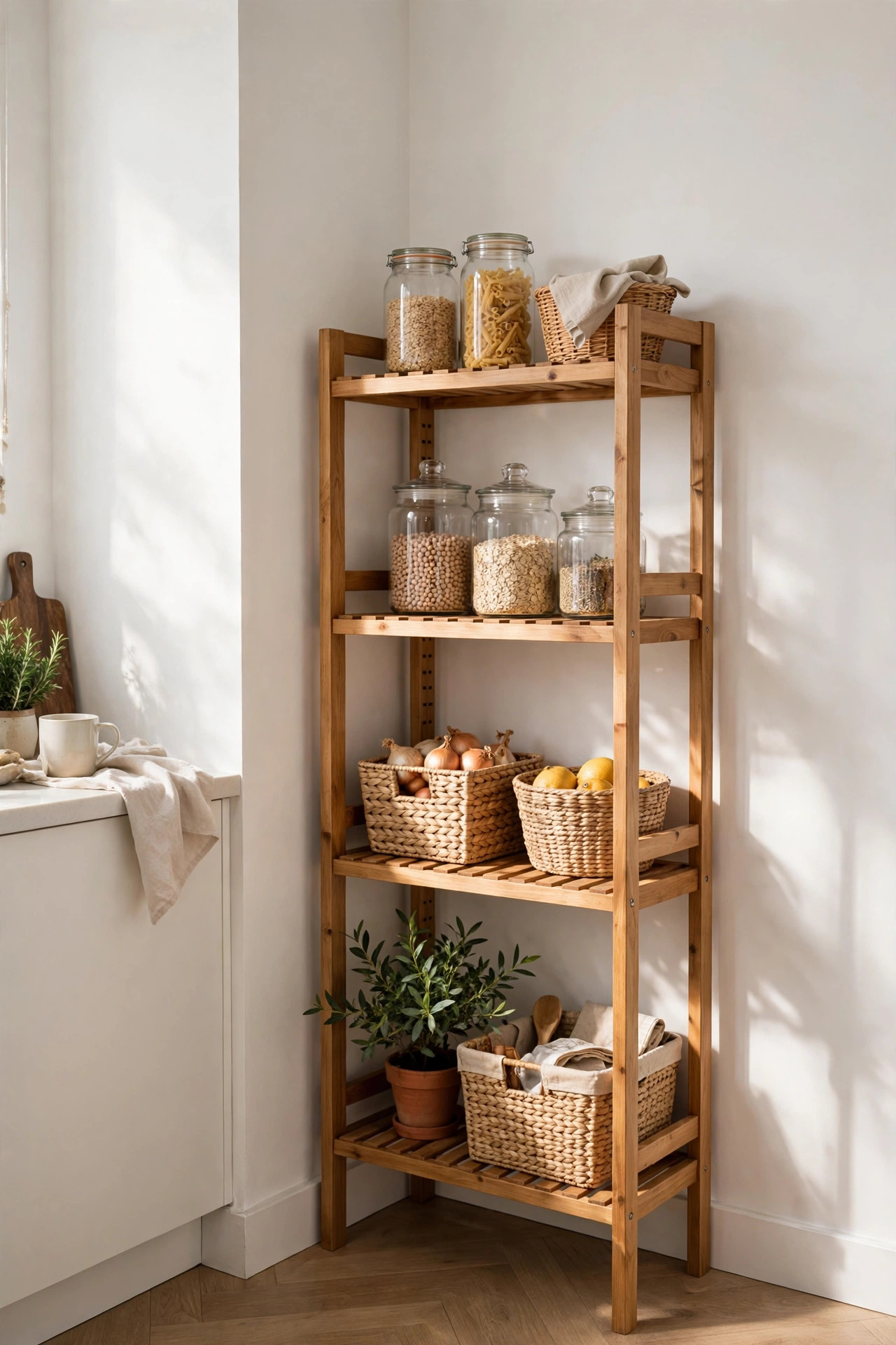 18 Renter-Friendly Kitchen Upgrades That Need Zero Permission 6 Freestanding wooden pantry shelves styled with jars, baskets, and a plant