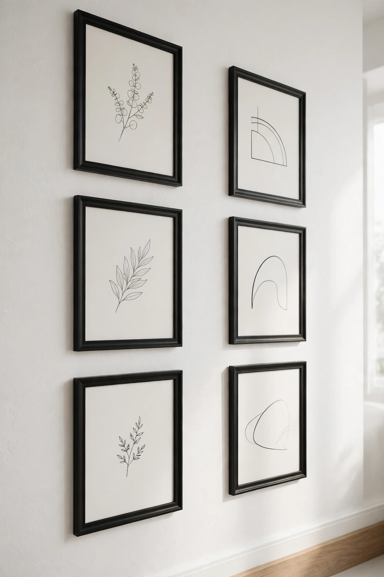 15 Gallery Wall Ideas That Look Curated, Not Cluttered 6 A close view of black framed prints on a white wall with generous even gaps of empty space between each frame.