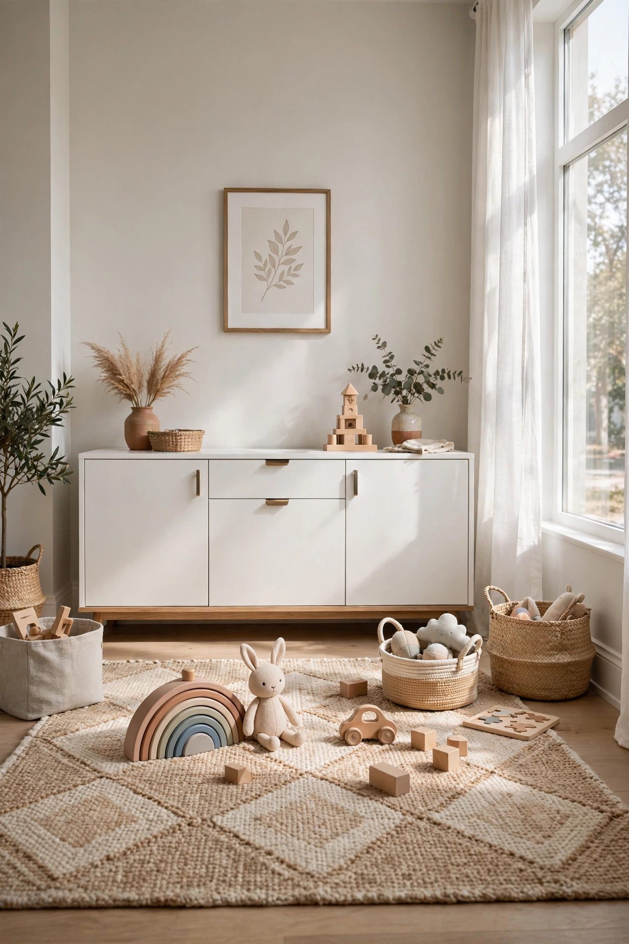 16 Playroom Ideas That Keep the Mess Contained 6 A tidy playroom with a low white credenza with closed doors hiding supplies against the wall.