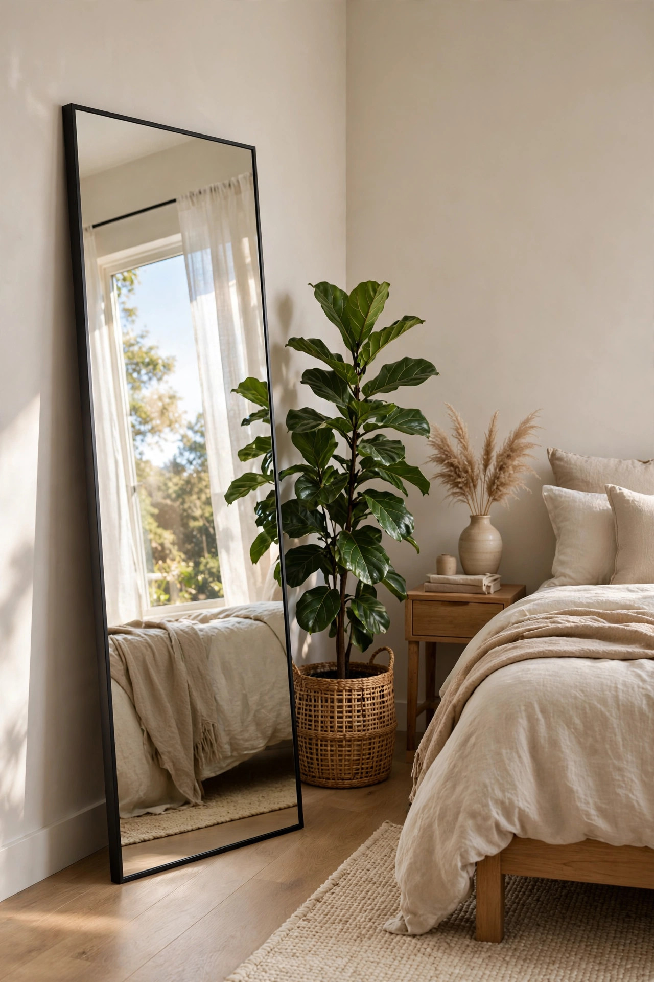 Tall full length mirror leaning against a bedroom wall beside a plant.