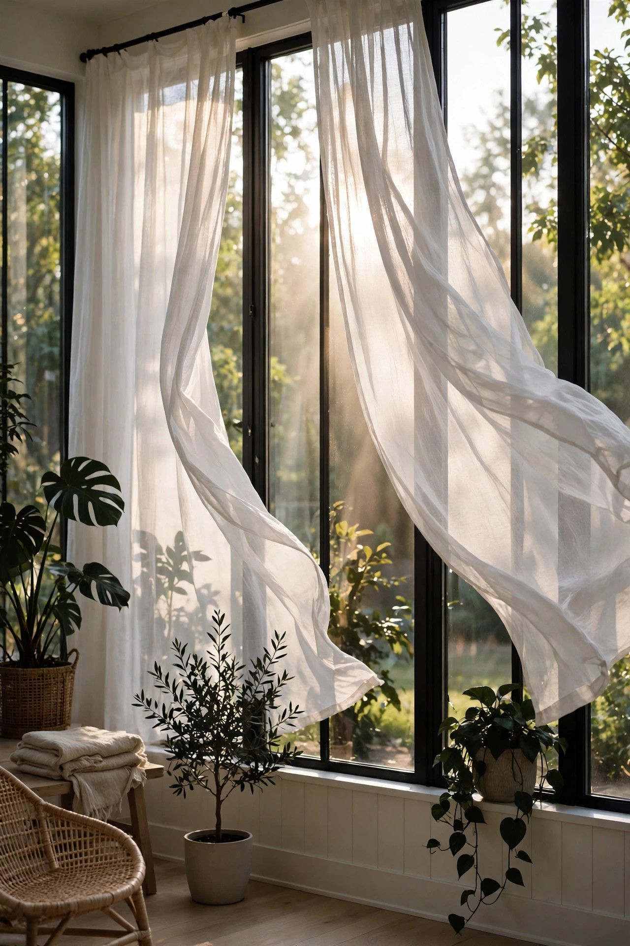 Tall glass windows dressed in flowing white linen curtains glowing in sunlight