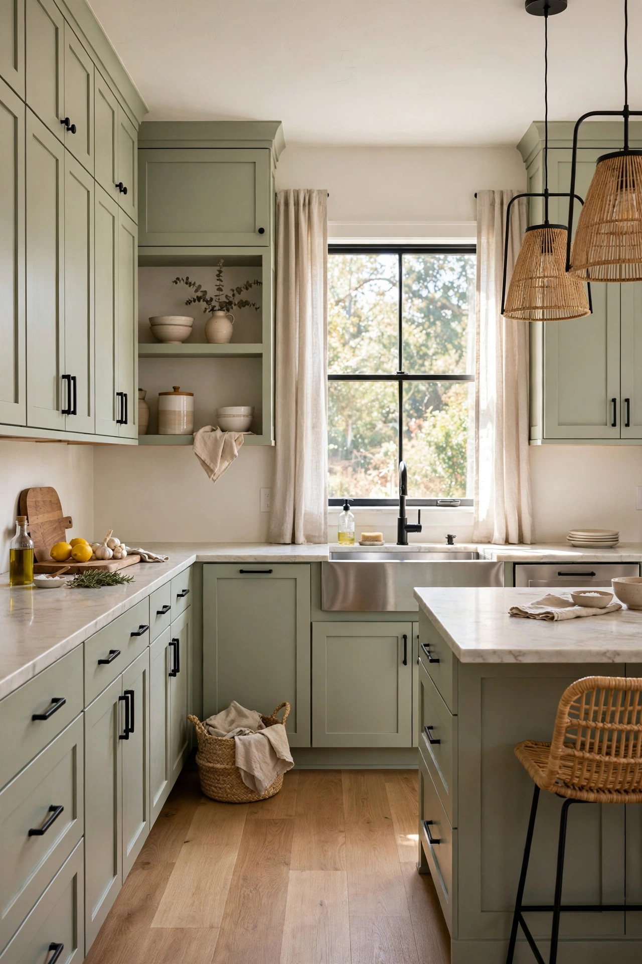 Kitchen with light sage green cabinets, natural oak floors, and black cabinet pulls.