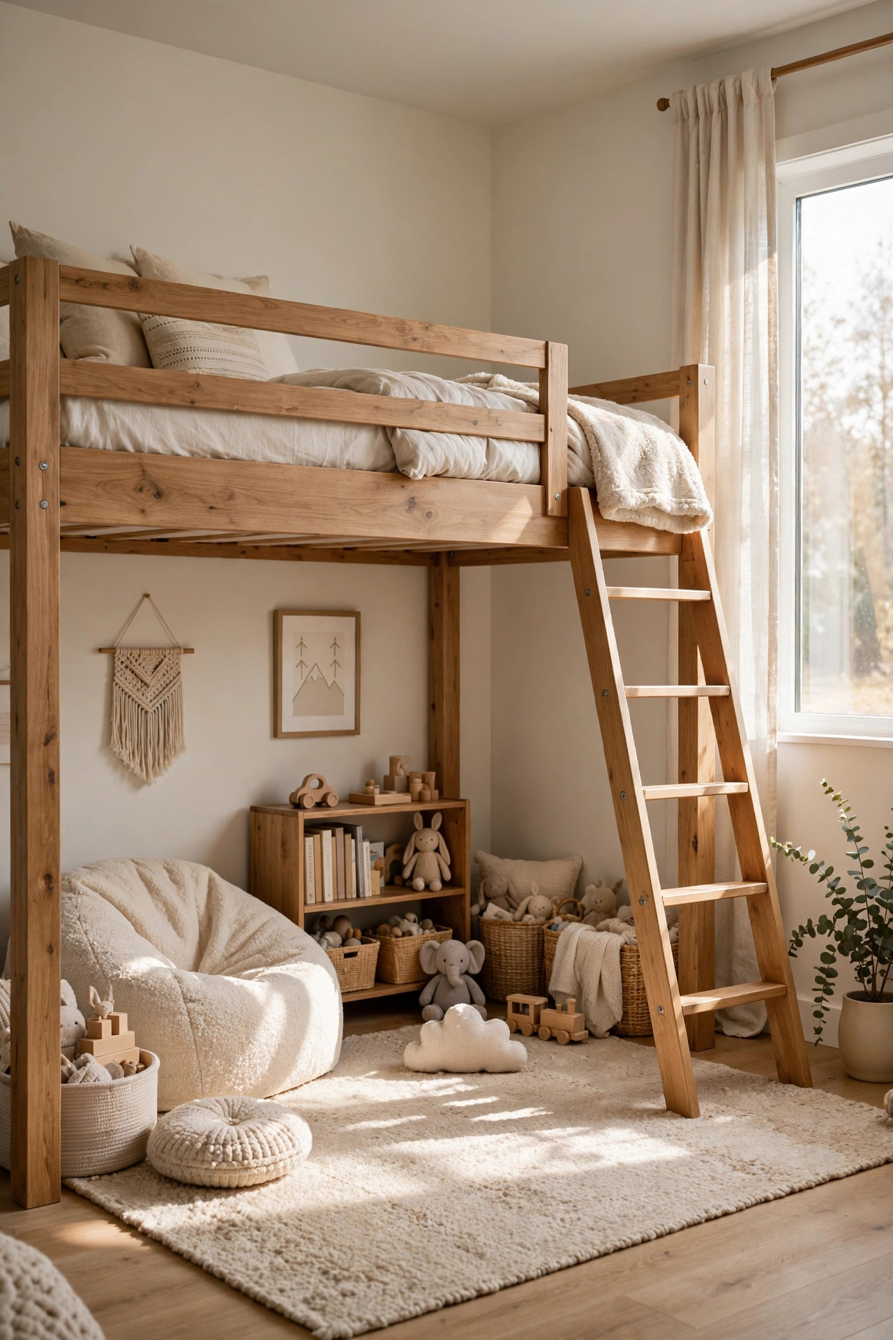 Loft bed with a cozy play area and beanbag underneath.