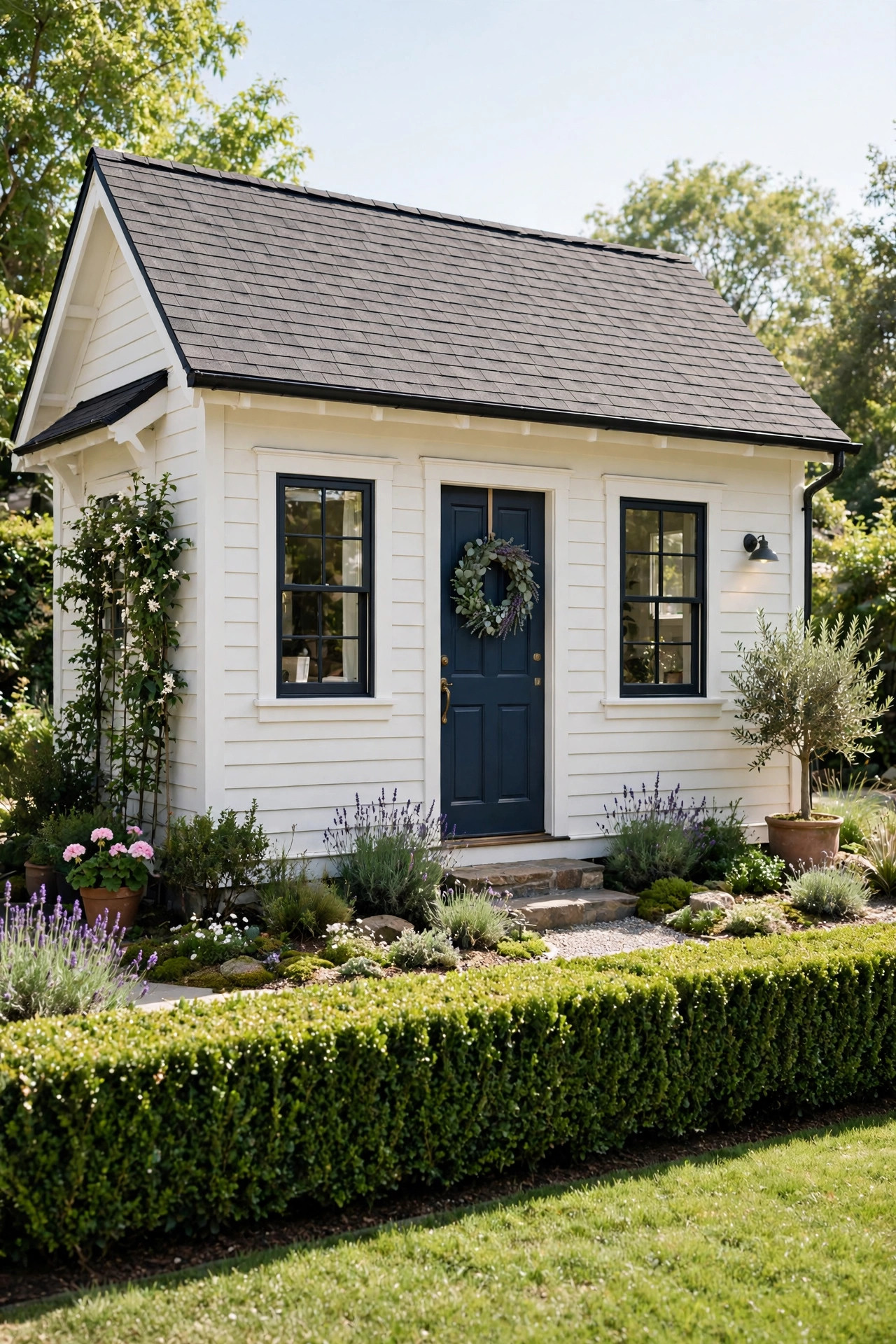 Small Front Yard Landscaping Ideas With Big Impact 6 Low trimmed boxwood hedge border along the front of a small house.