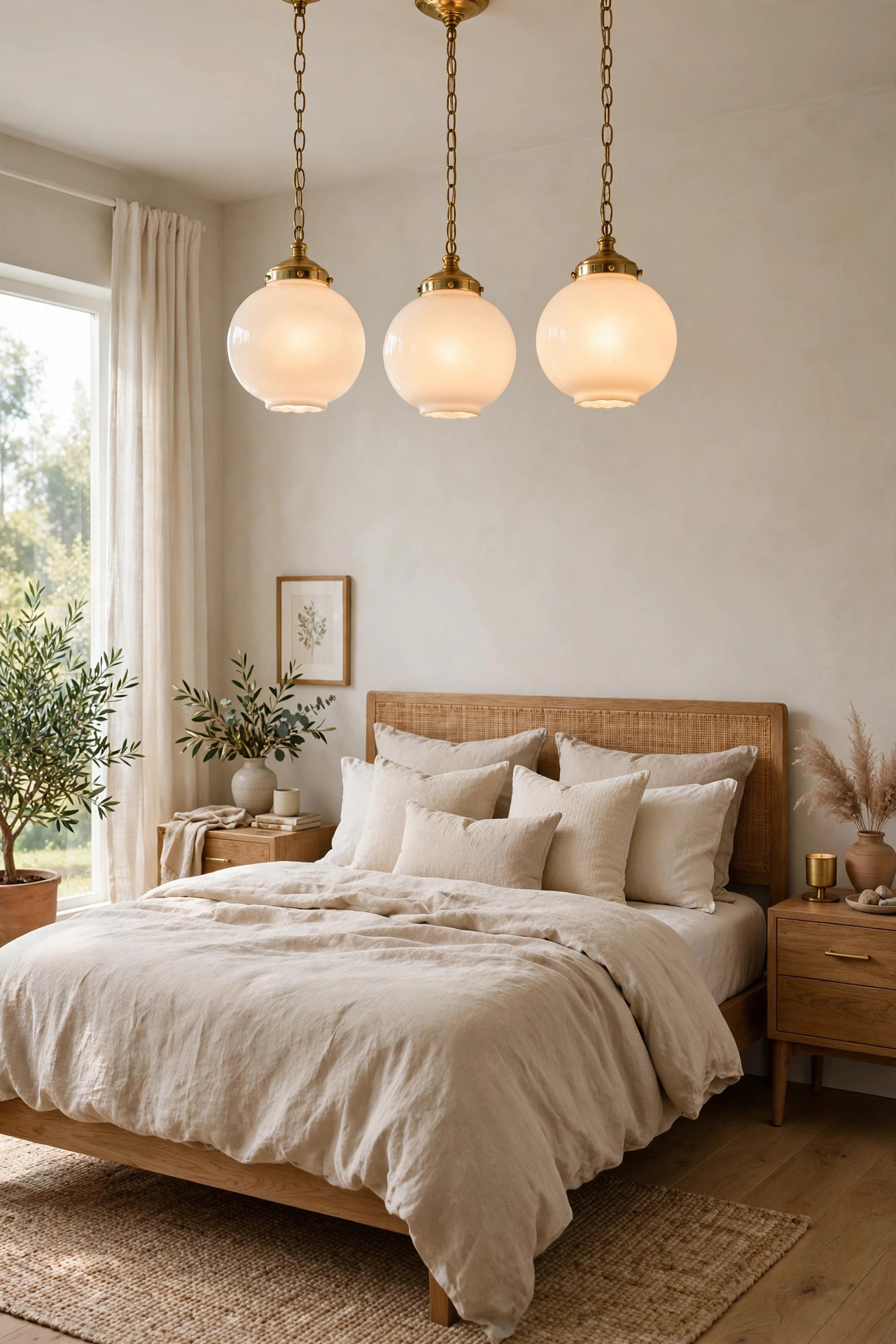 17 Art Deco Bedroom Ideas With a Modern Twist 6 A bedroom ceiling with a glowing milk glass globe chandelier hanging above the bed.
