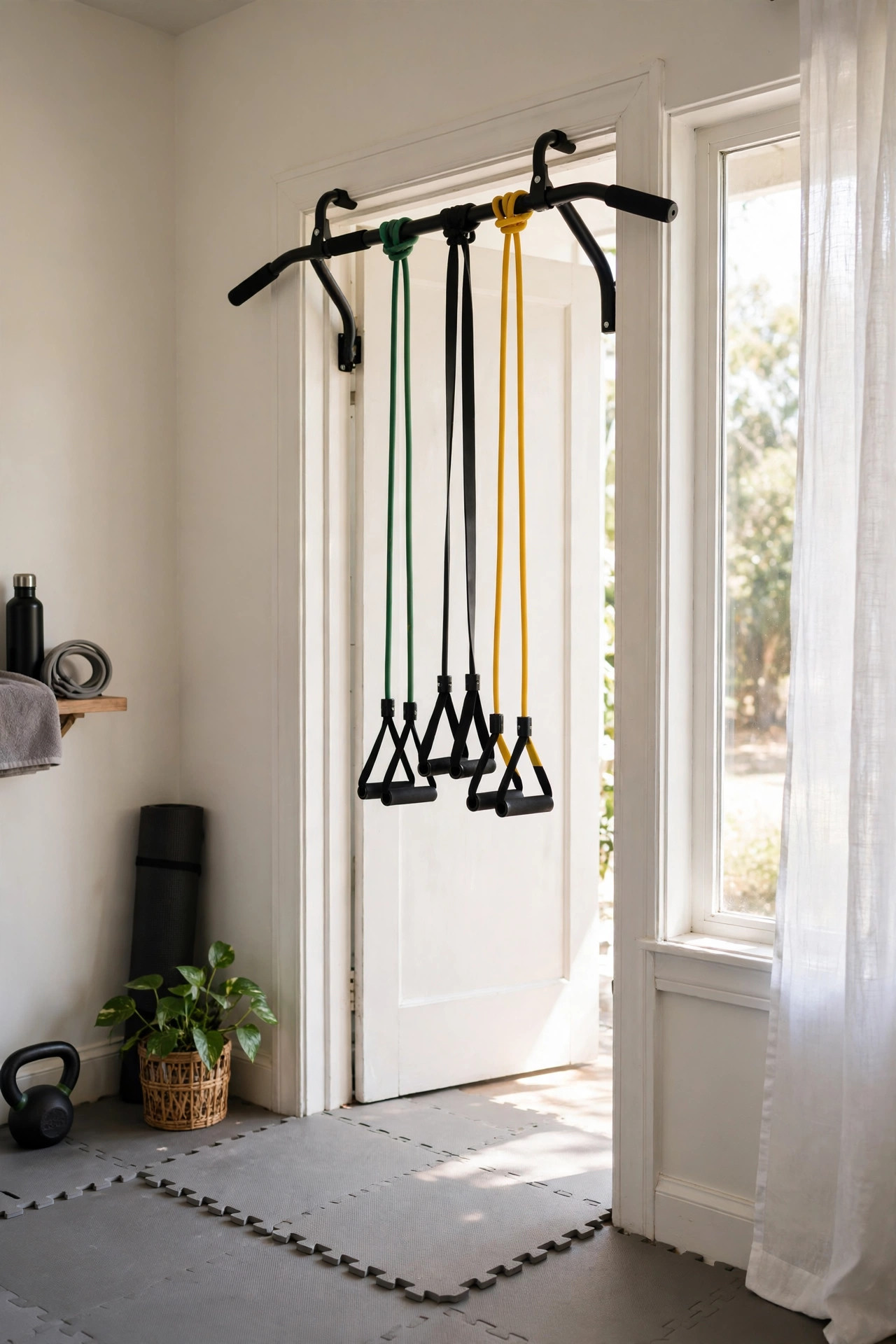 17 Small Home Gym Ideas That Fit in Any Corner 6 Black pull-up bar hooked over a white door frame in a small gym corner