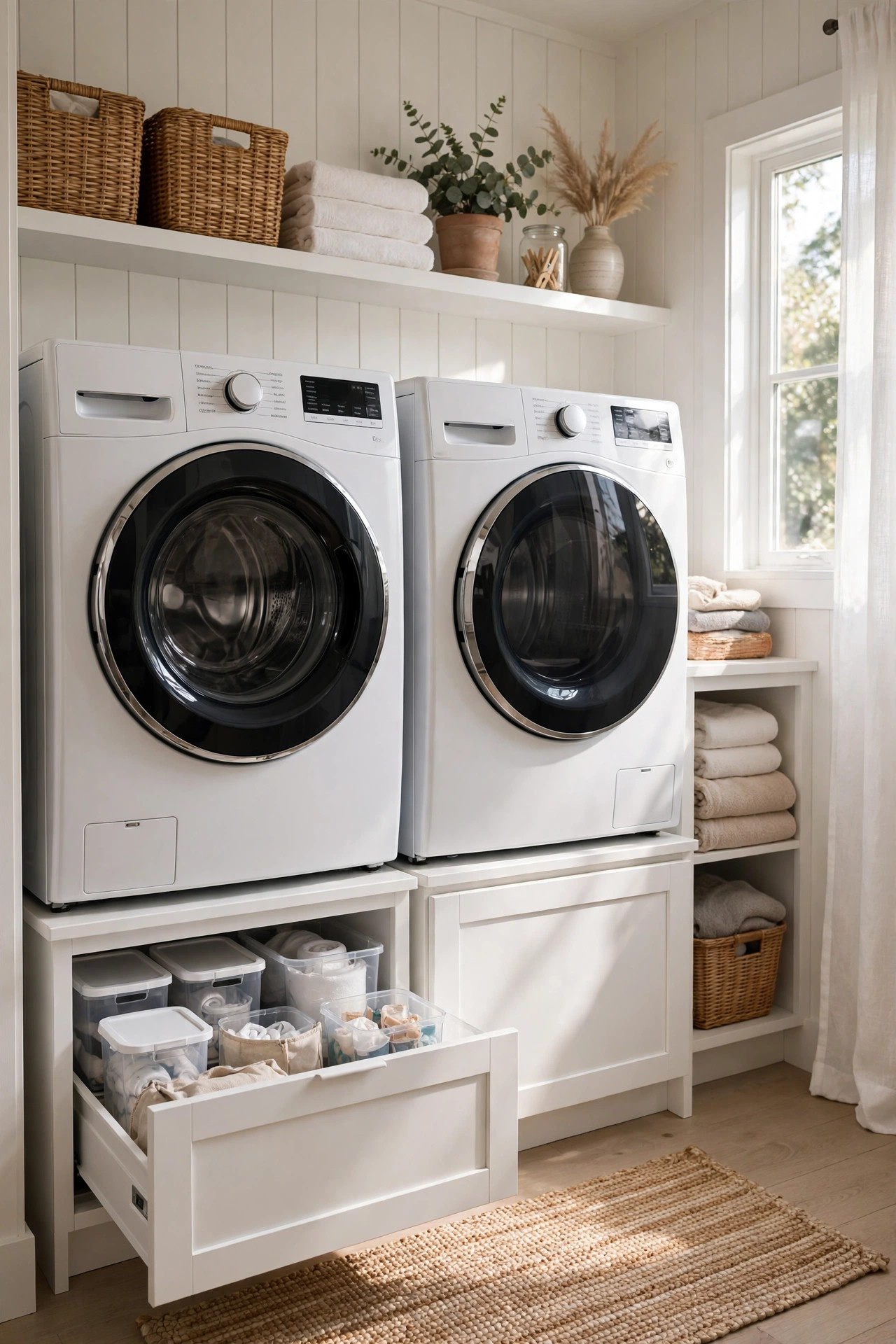 Washer and dryer on storage pedestals