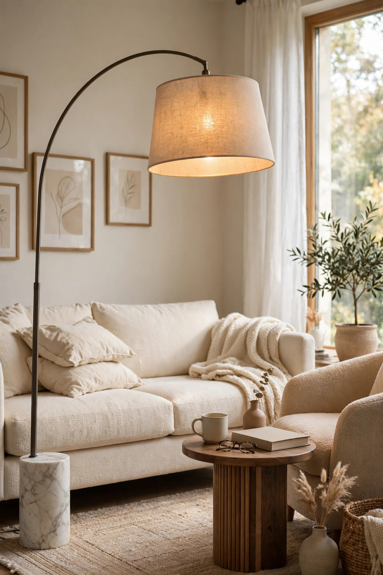 Arc floor lamp with marble base curving over a sofa in a warm living room reading corner