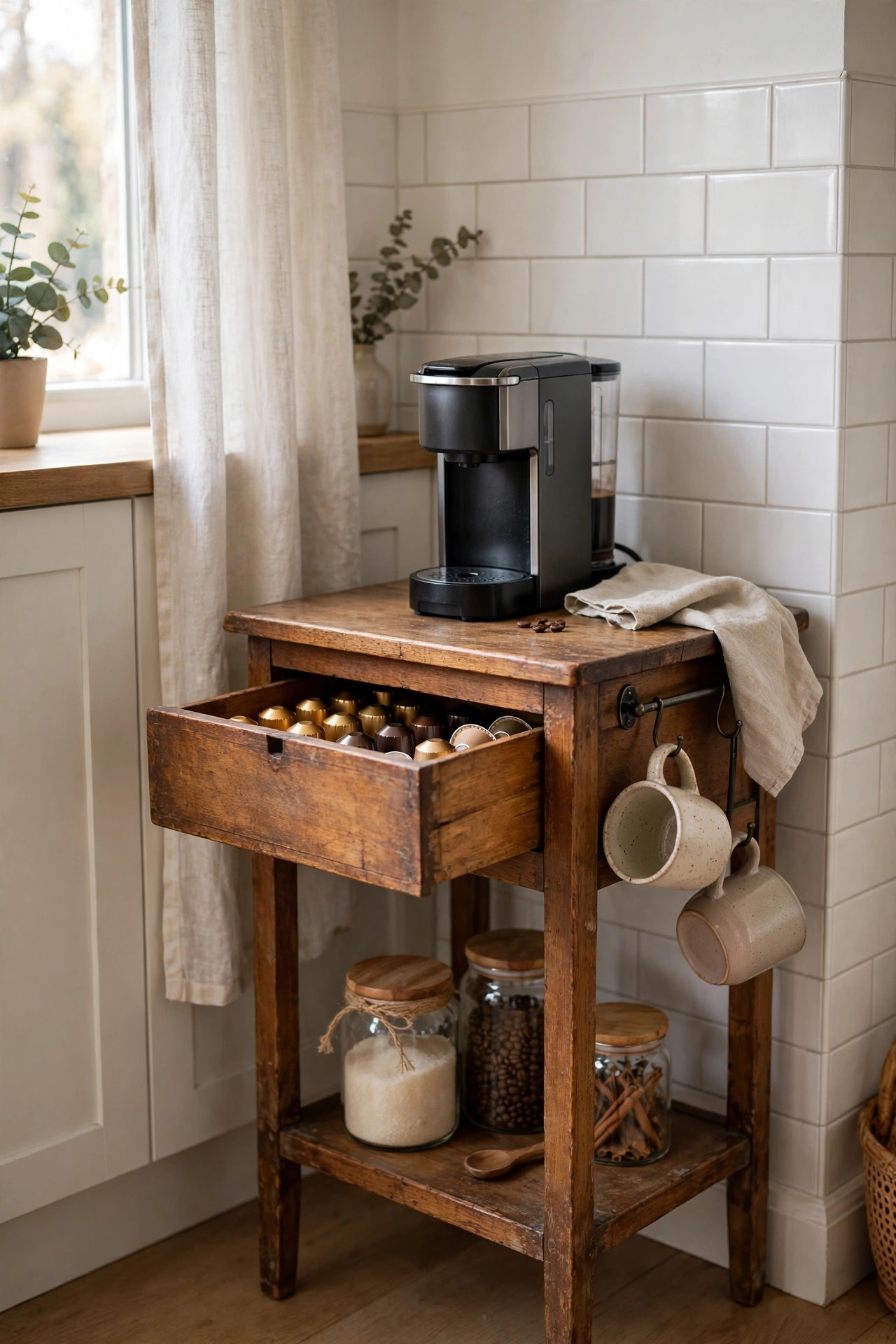 Small vintage wooden nightstand used as a coffee bar with a coffee maker on top.
