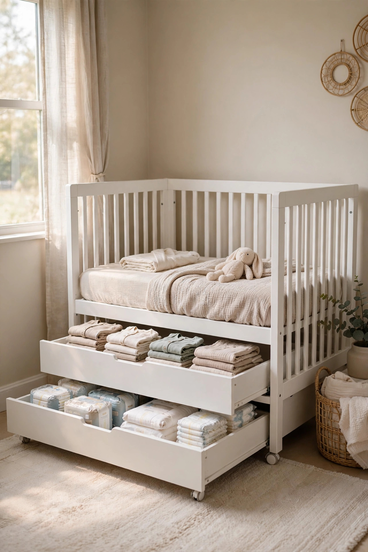 Low white rolling storage drawers pulled out from under a crib