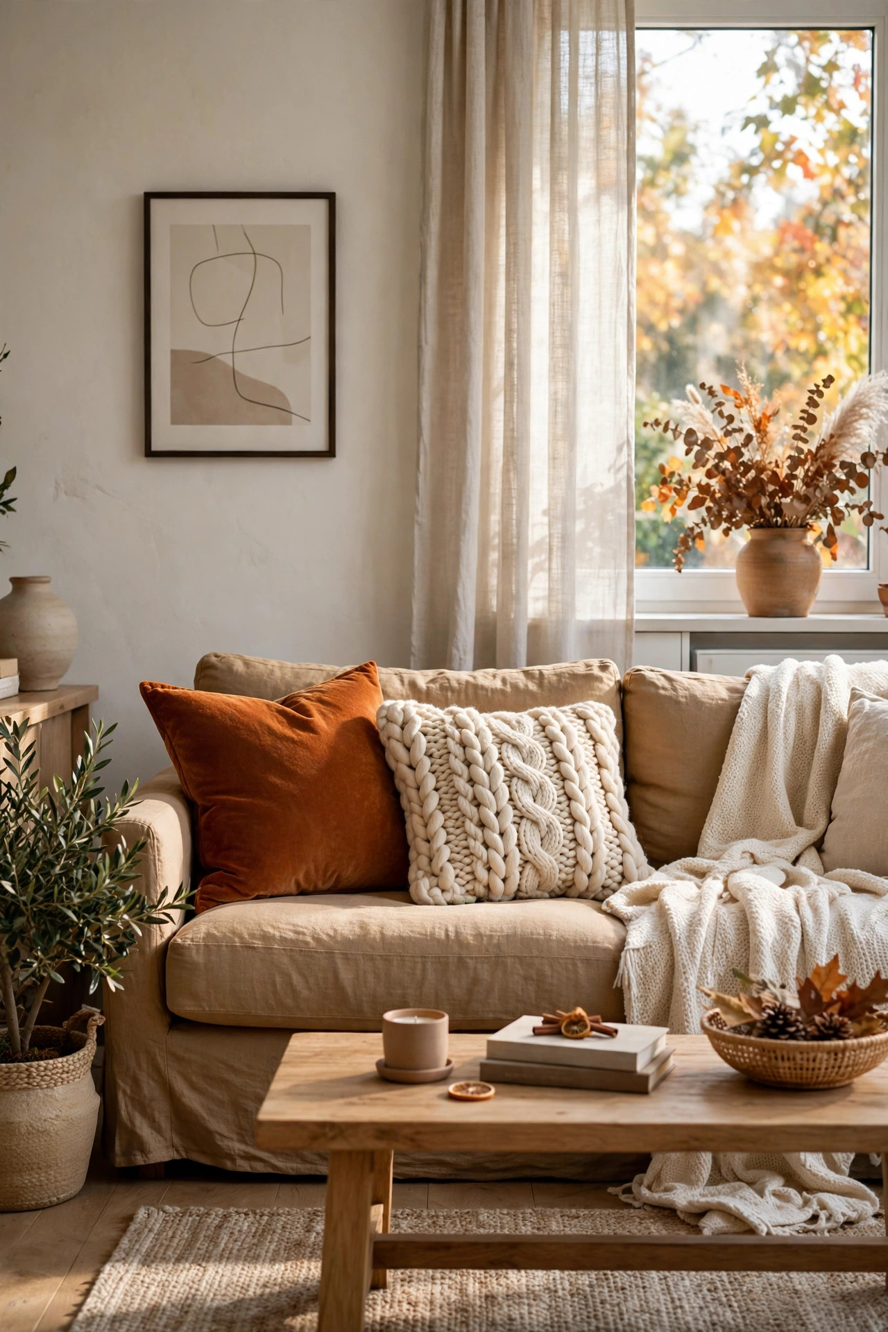 Tan sofa styled with a rust orange velvet pillow and a cream braided knit pillow in warm daylight