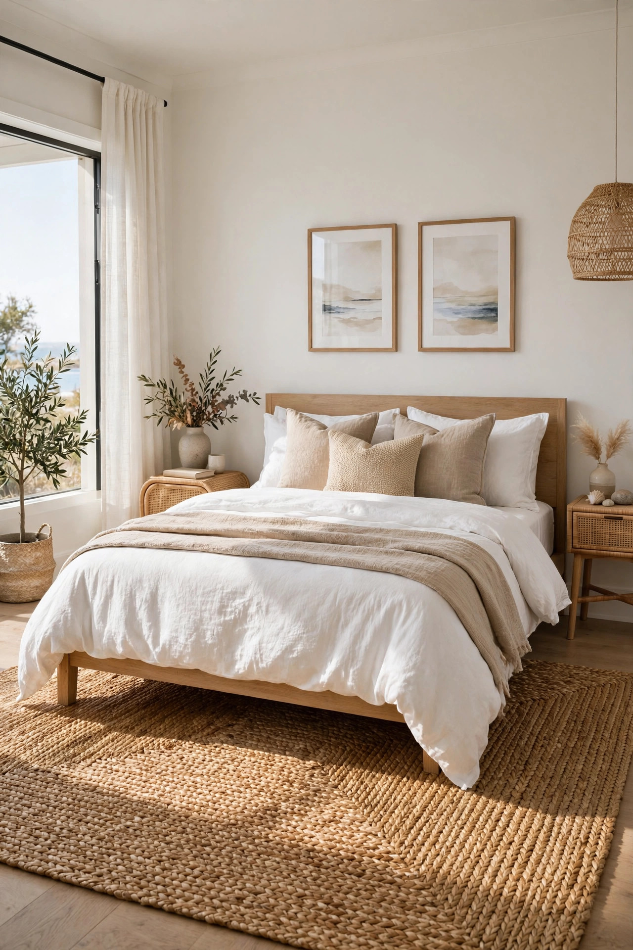 18 Coastal Bedroom Ideas Without the Cliches 6 Woven sea grass rug under a bed in a bright bedroom
