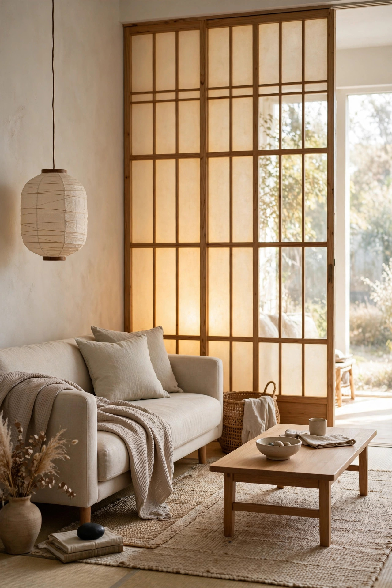 Shoji-style wooden room divider with glowing translucent panels in a living room