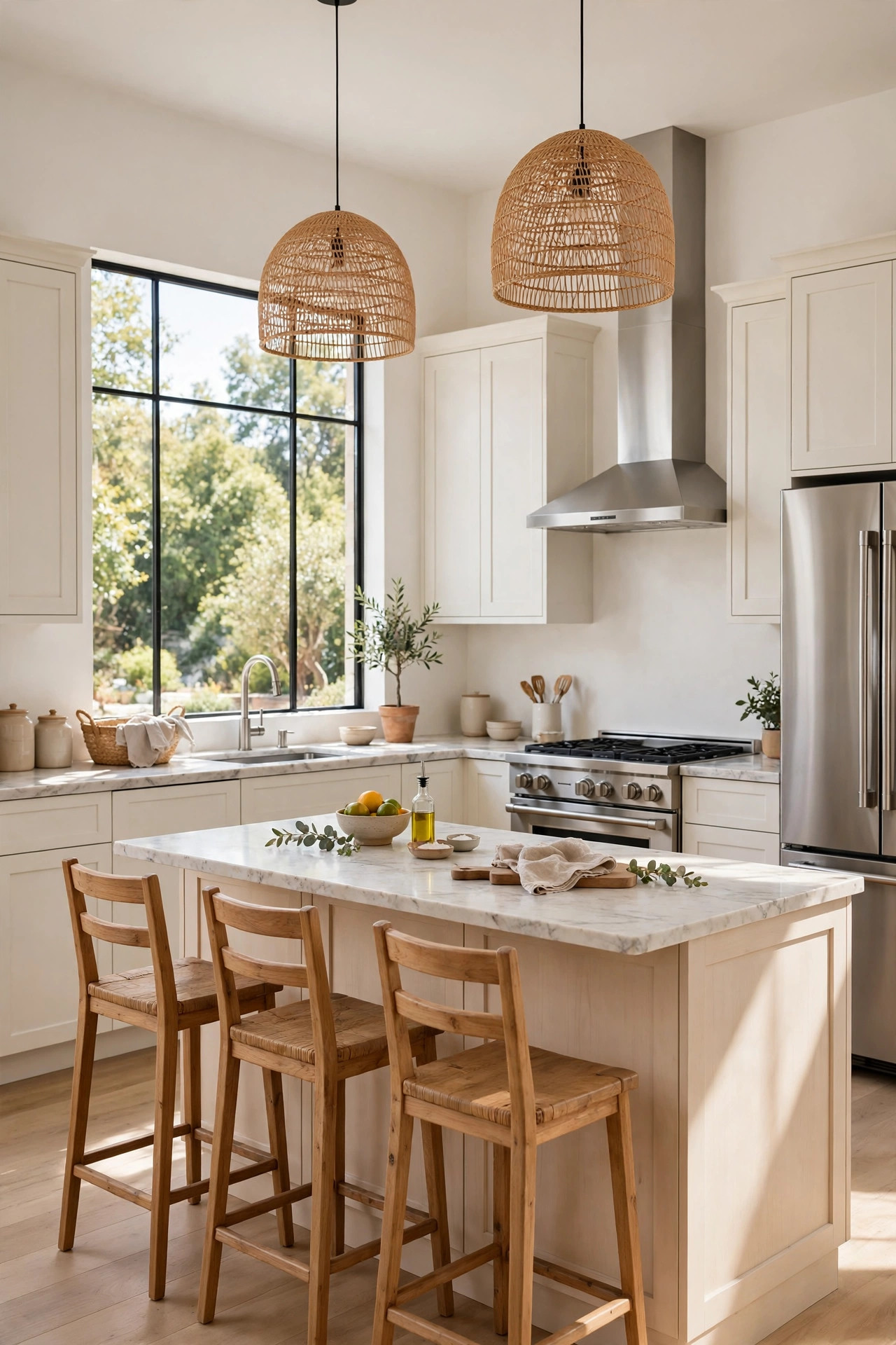 15 Warm White Paint Colors That Work in Every Room 6 Kitchen with warm white shaker cabinets, marble counters, stainless appliances, and a big window