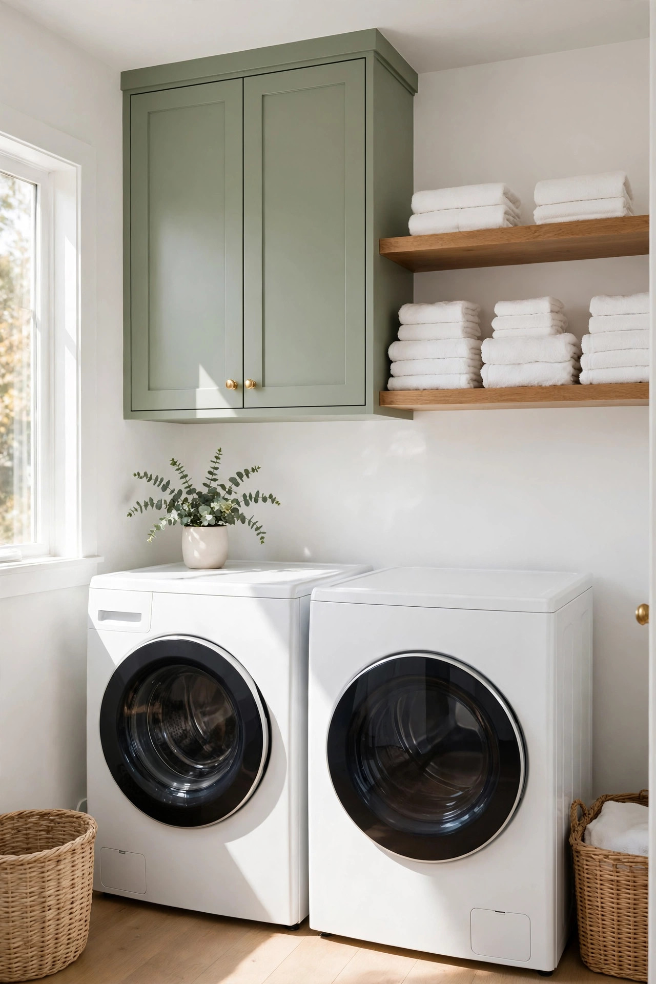 Soft sage green shaker cabinets with brass knobs above white front-load laundry machines.