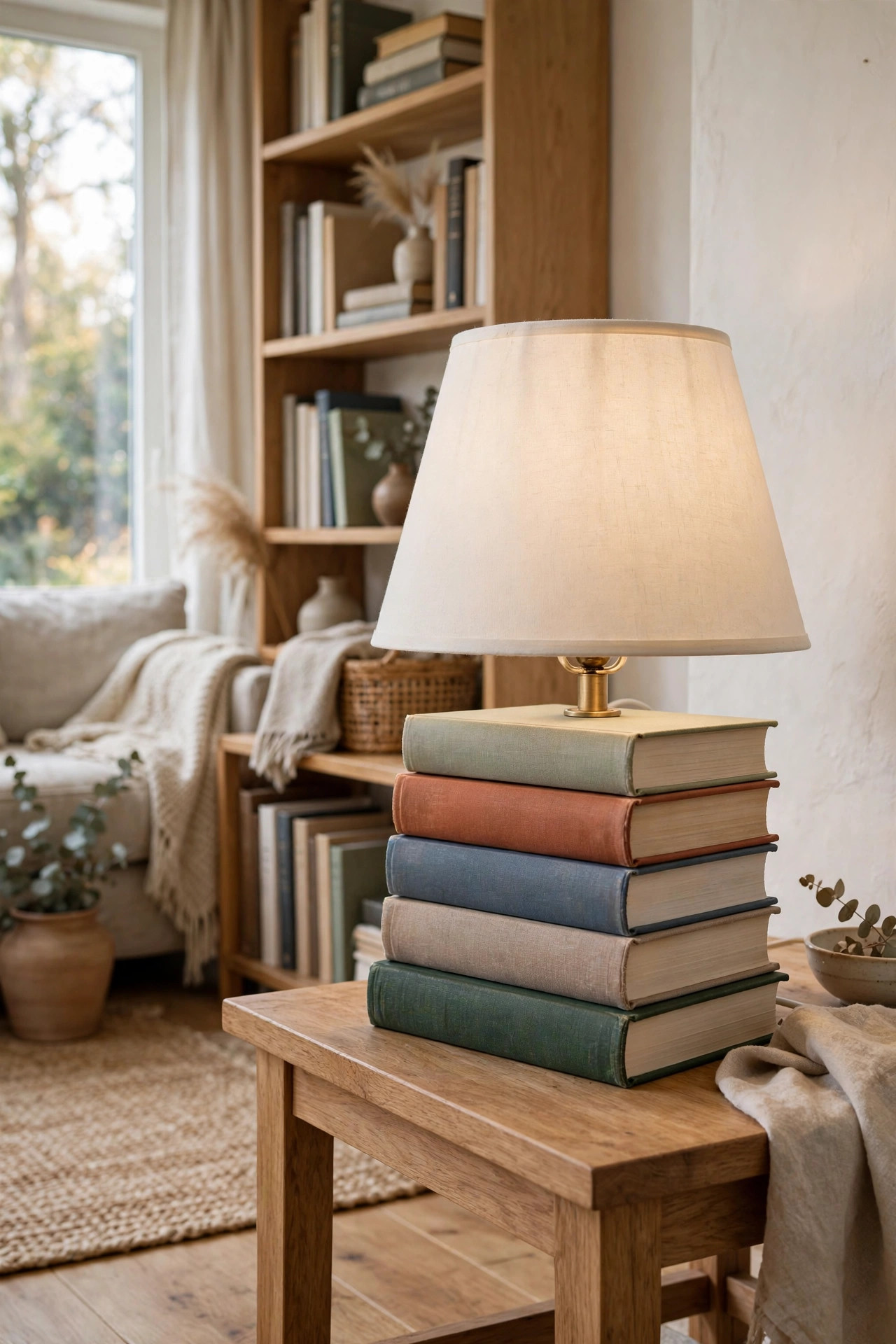 DIY table lamp made from a stack of hardcover books with a cream shade