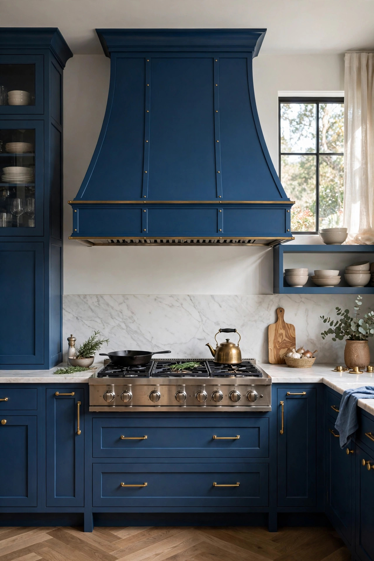 Blue statement range hood over stove